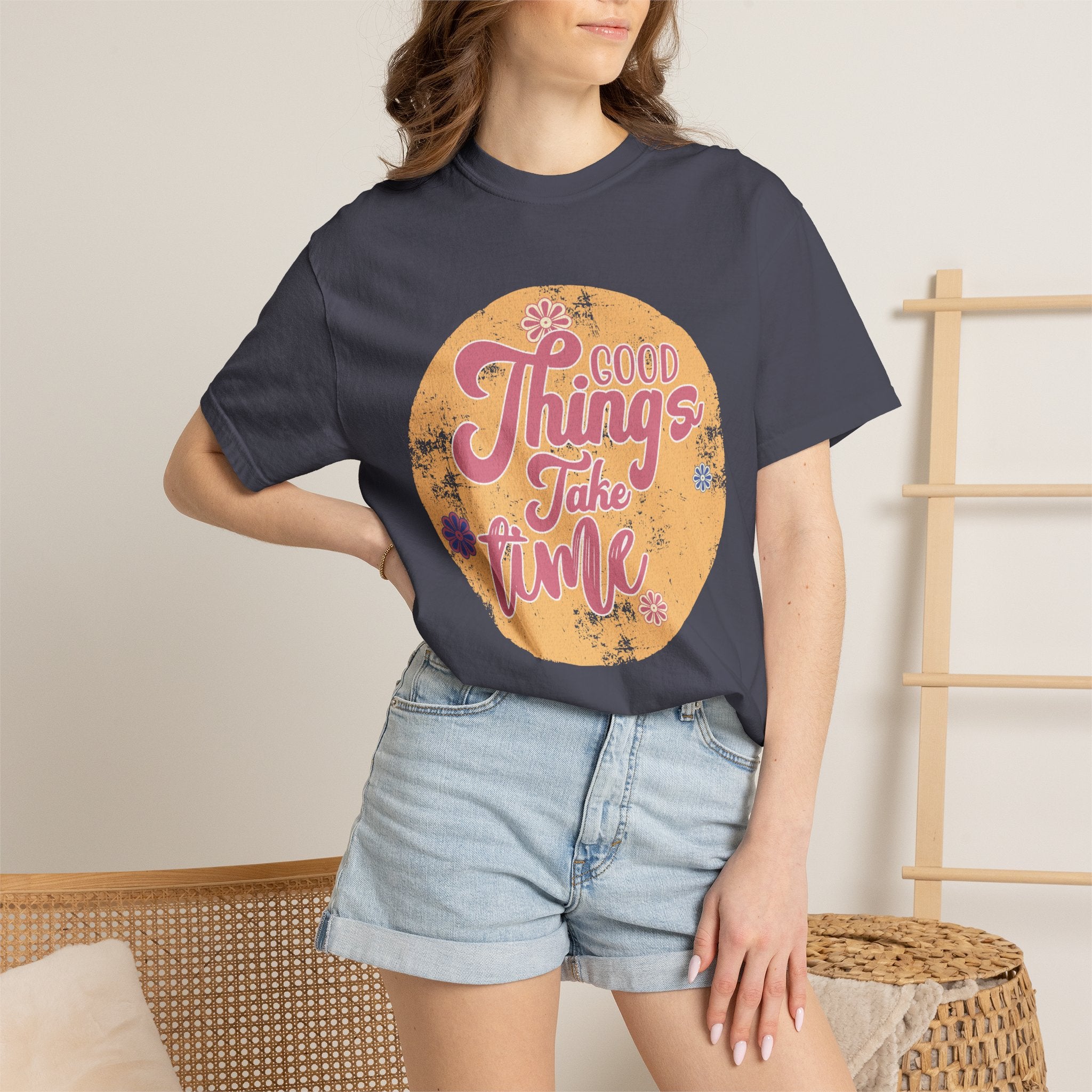 Good Things Take Time T-Shirt | Textured Retro Script Floral Graphic