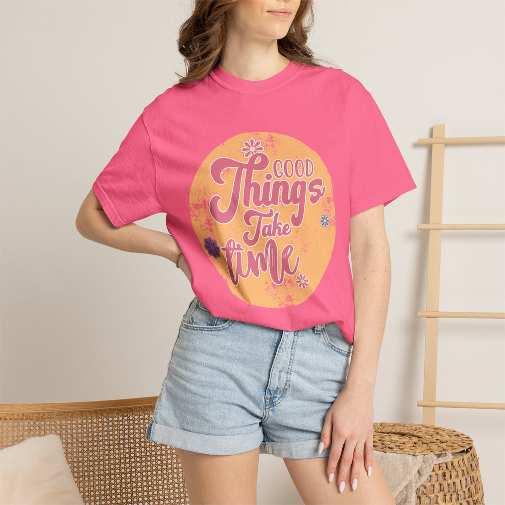 Good Things Take Time T-Shirt | Textured Retro Script Floral Graphic