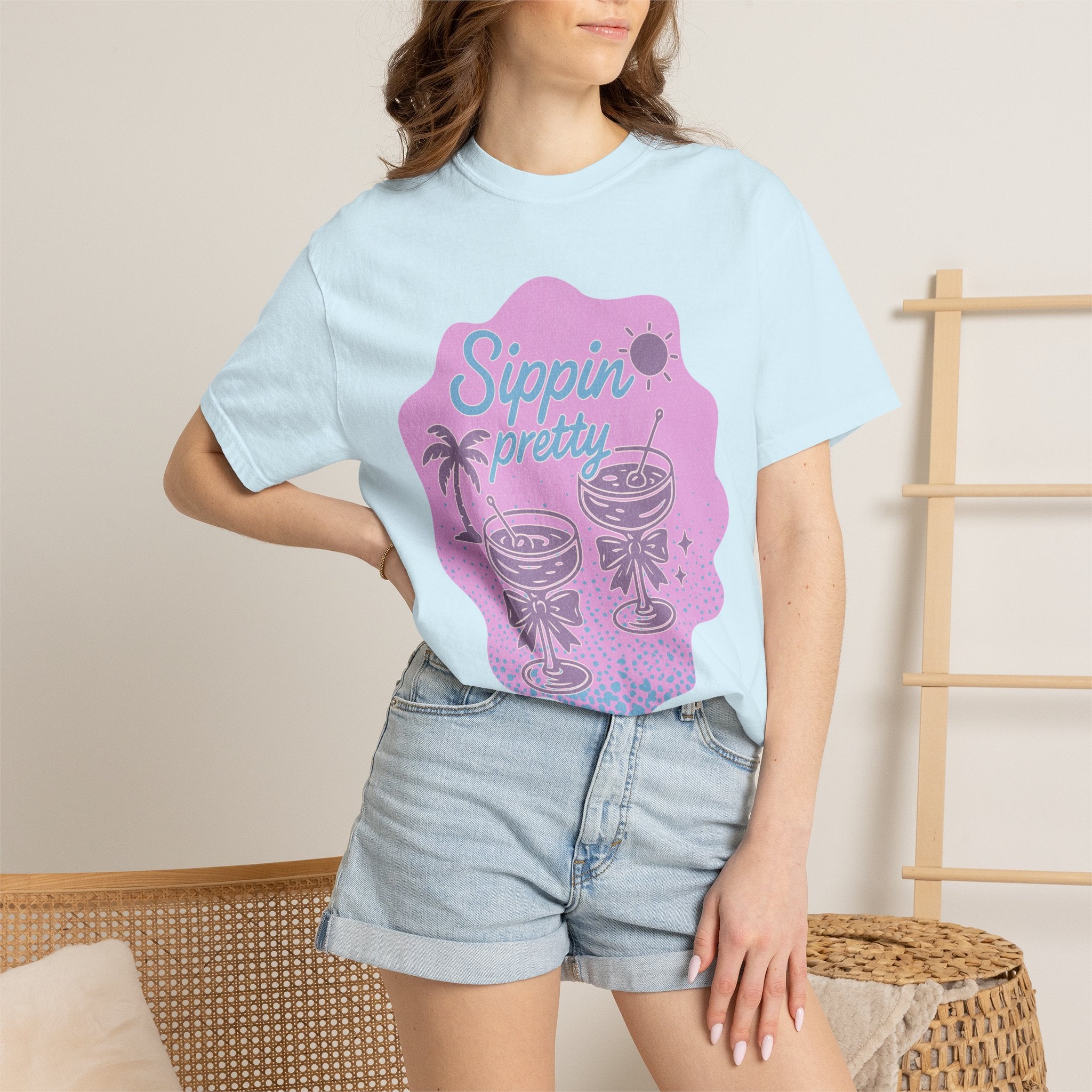 T-Shirt — "Sippin' Pretty" Tropical Cocktail Textured Graphic Tee