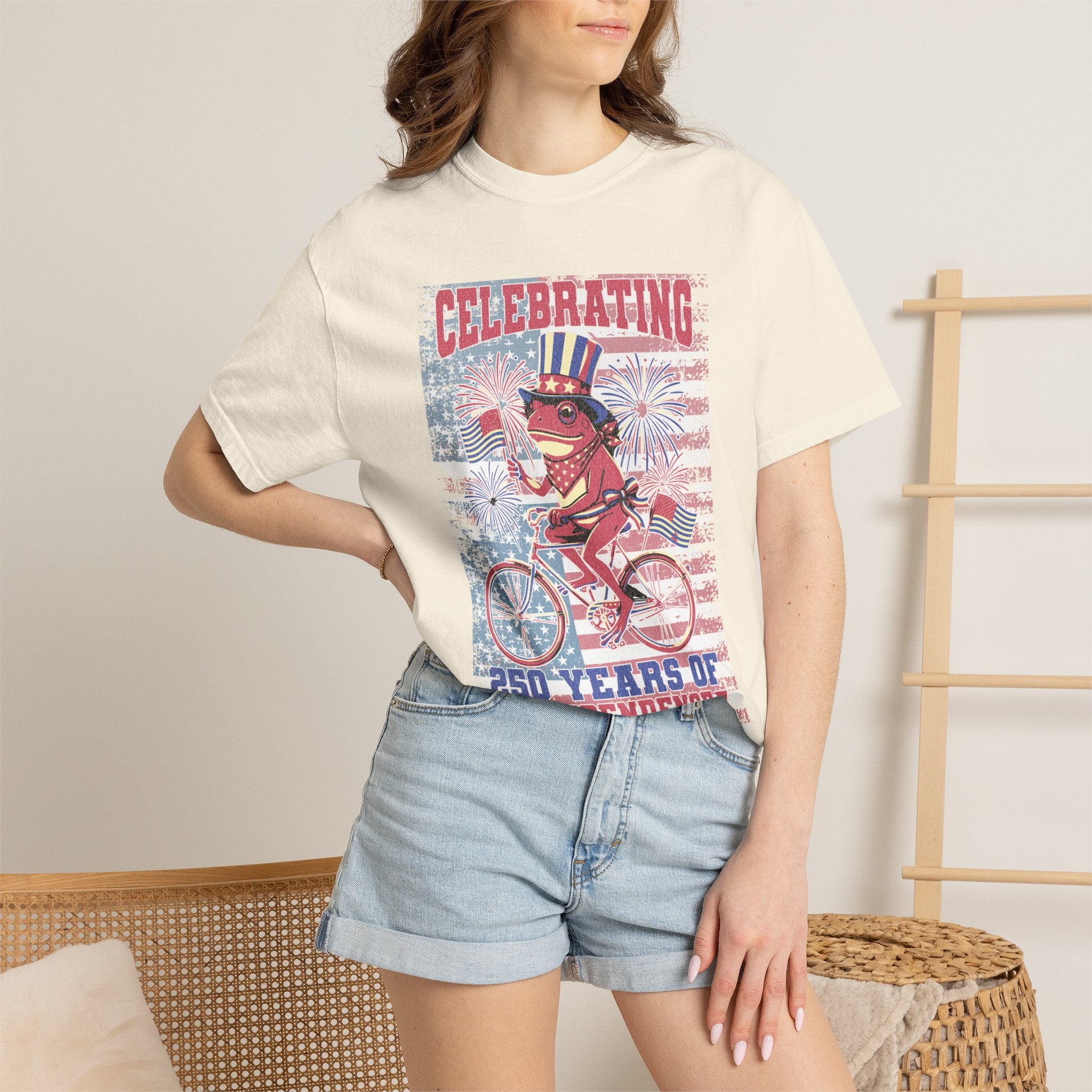 Textured Independence Day Dog on Bike T-Shirt — "Celebrating 250 Years of Independence" Patriotic Tee