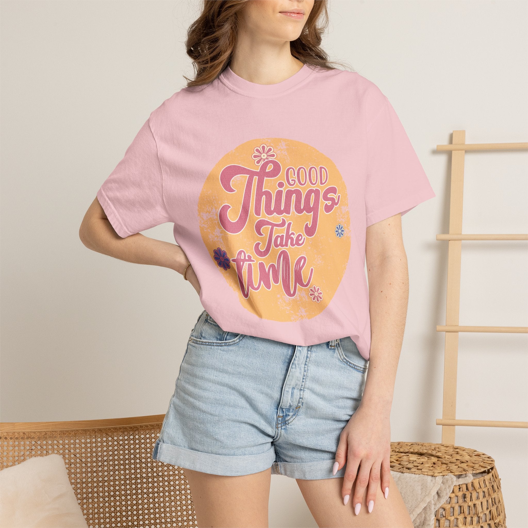 Good Things Take Time T-Shirt | Textured Retro Script Floral Graphic