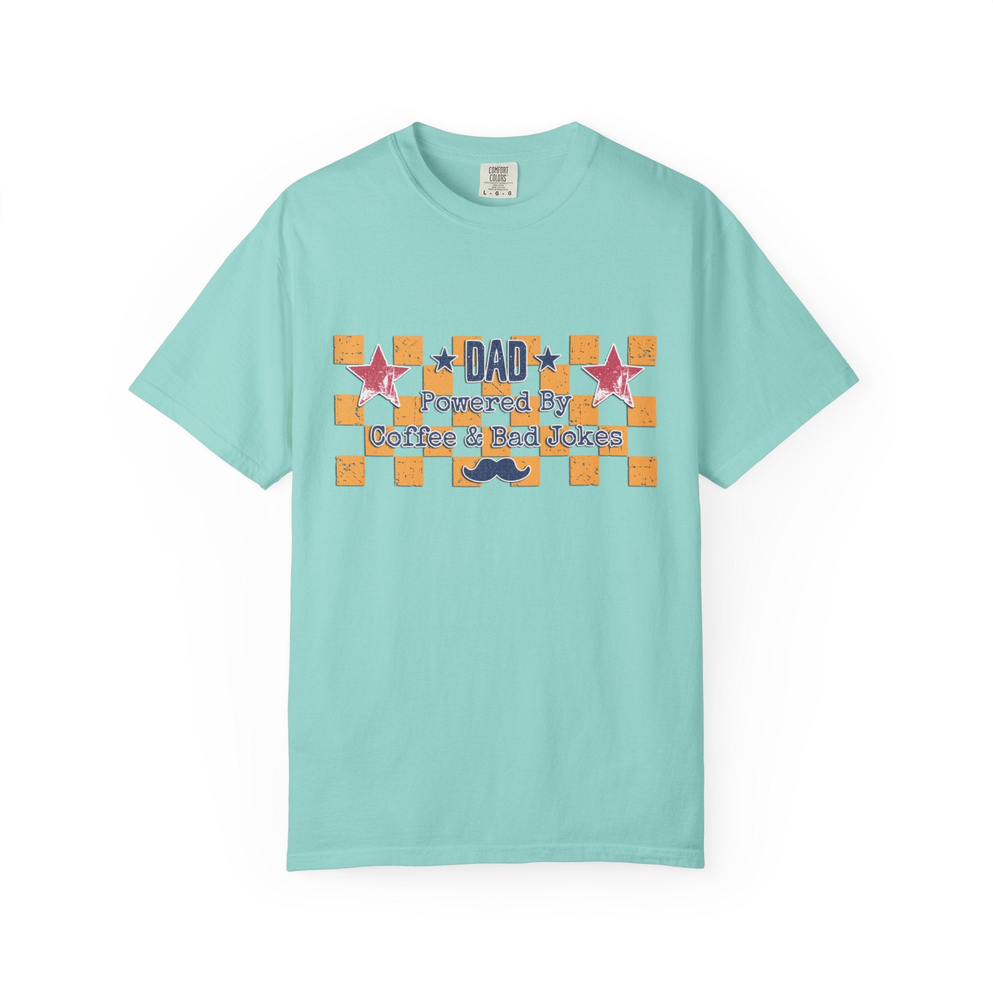 Dad Textured T-Shirt — "Powered by Coffee & Bad Jokes" Retro Checker Fathers Day Tee