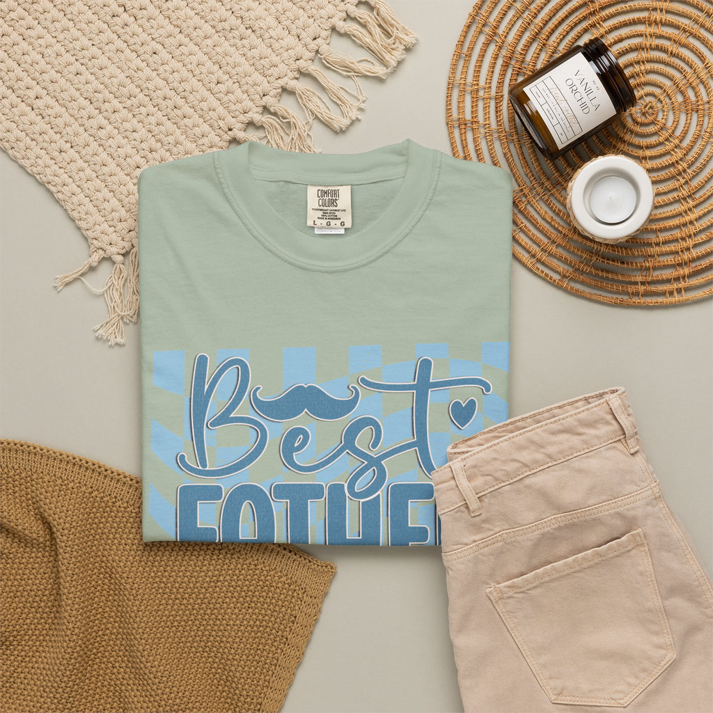 Textured Best Father Ever T-Shirt — Retro Blue Check Fathers Day Tee