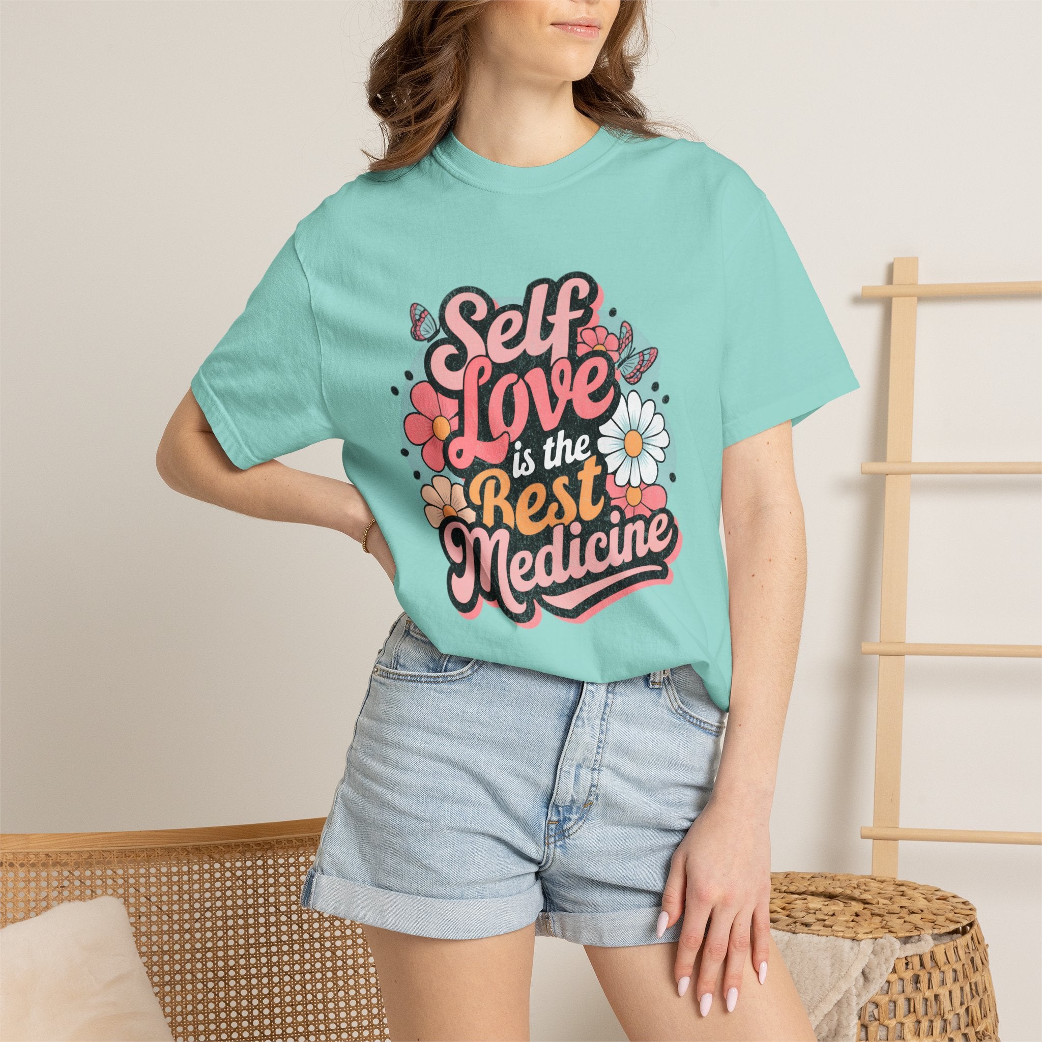 Self Love is the Best Medicine T-Shirt |Textured Floral Script Mental Health Design