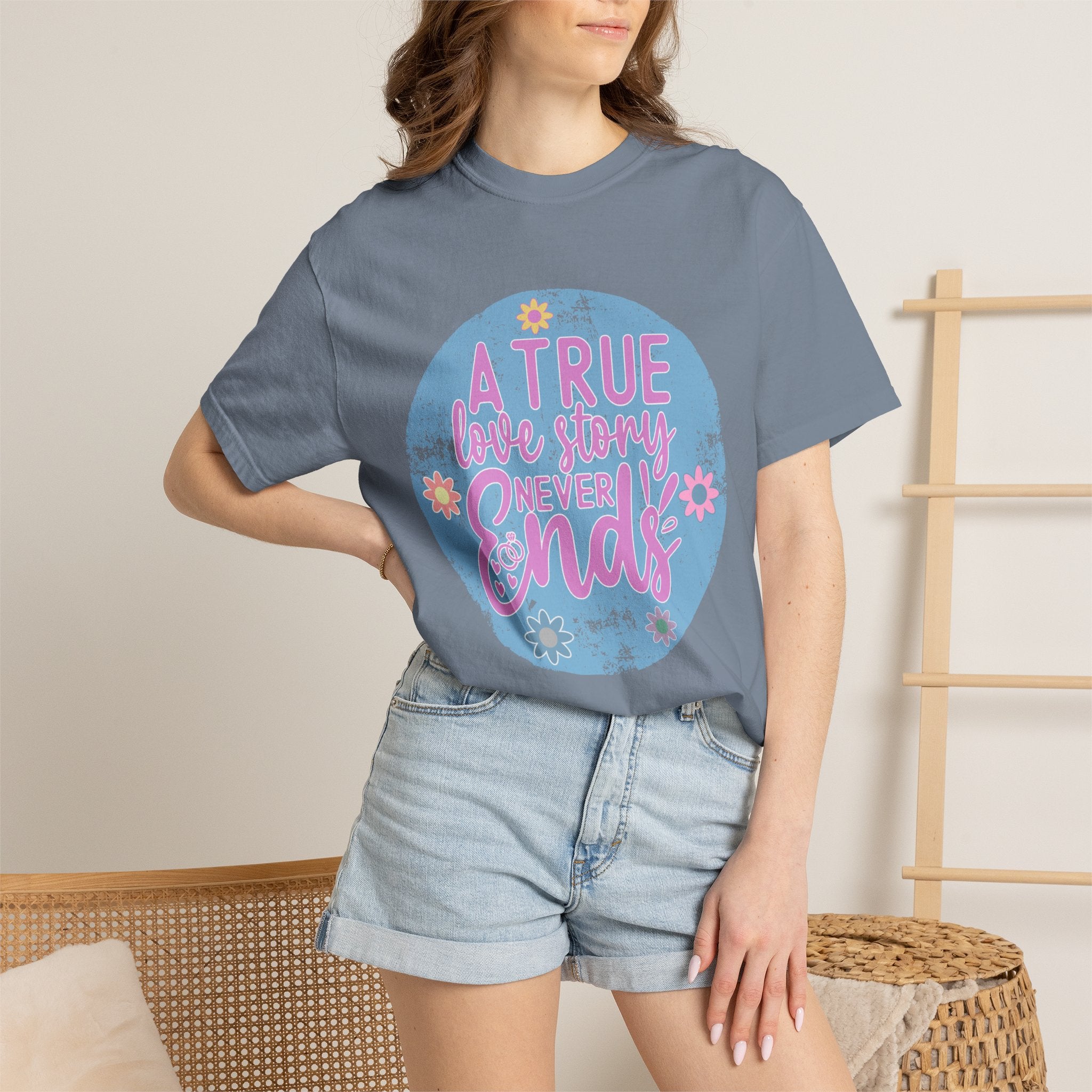 Textured T-Shirt — "A True Love Story Never Ends" Floral Graphic