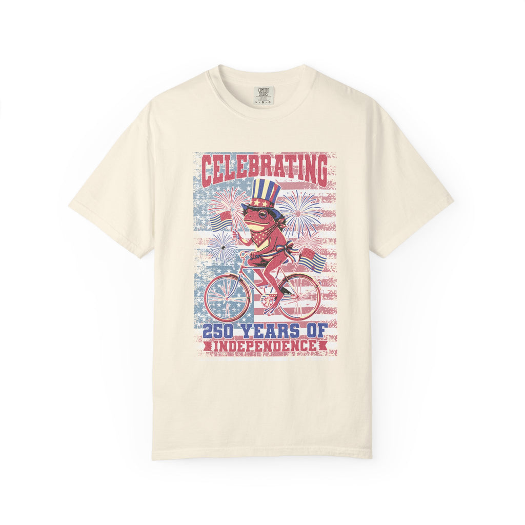 Textured Independence Day Dog on Bike T-Shirt — "Celebrating 250 Years of Independence" Patriotic Tee