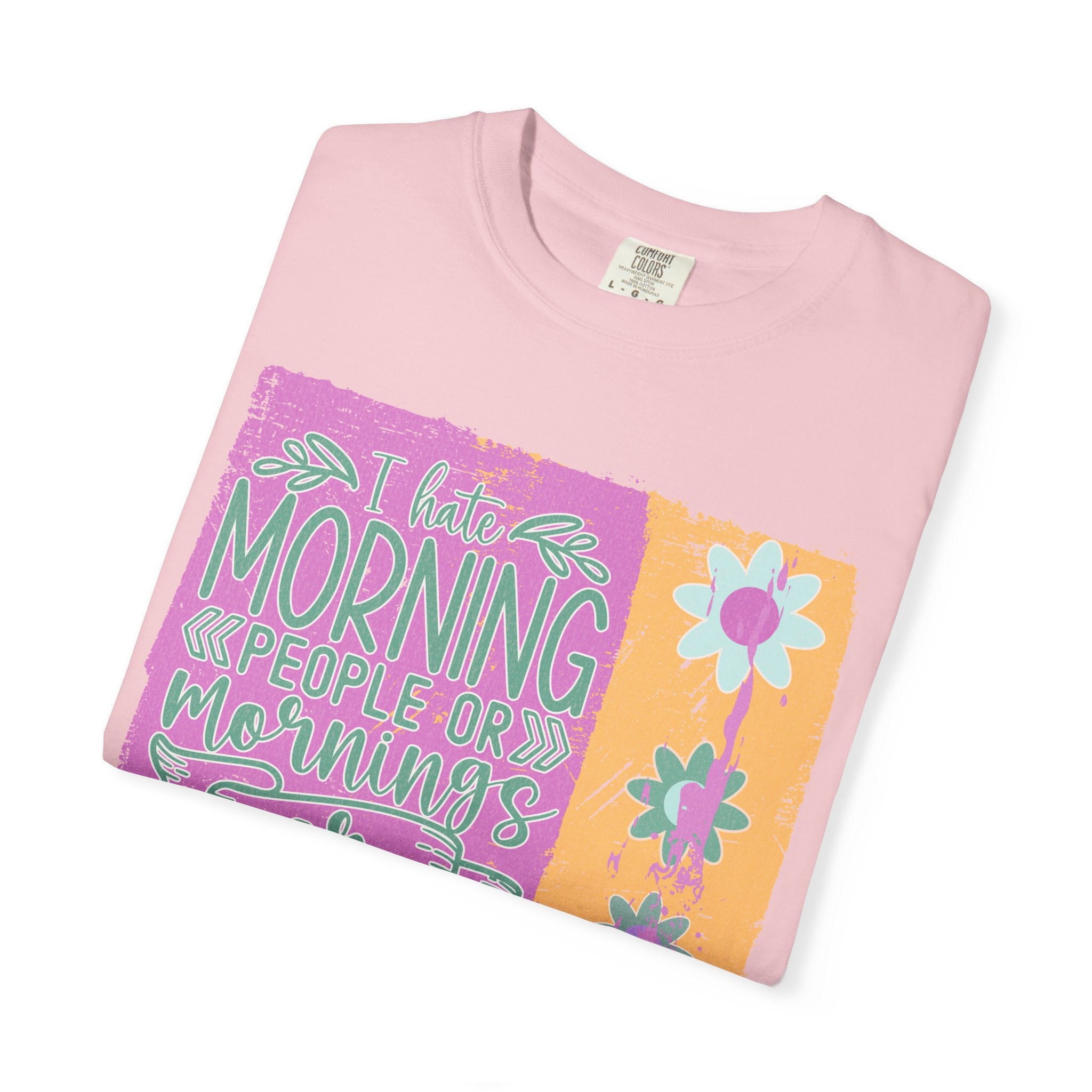 Graphic Textured T-Shirt — “Not a Morning Person” Retro Floral Block Design