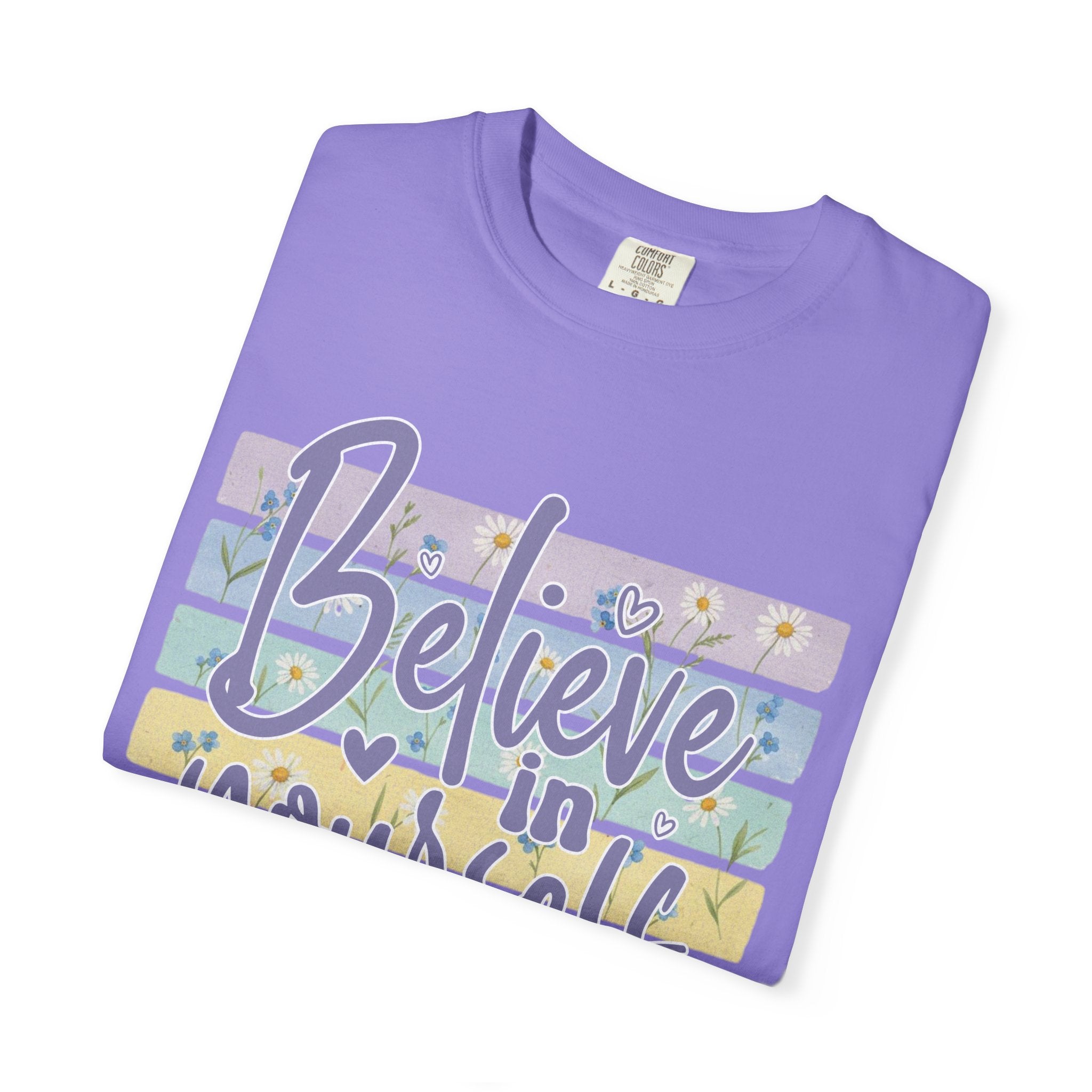 Textured Believe in Yourself T‑Shirt — Pastel Stripes Inspirational Tee