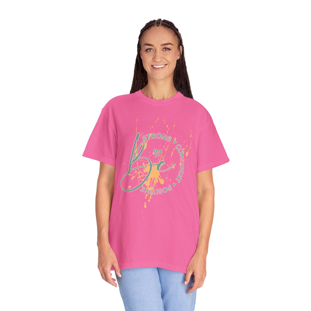 Textured Joy Script T-Shirt — “Be” Positive Graphic Tee: Strong • Confident • Positive