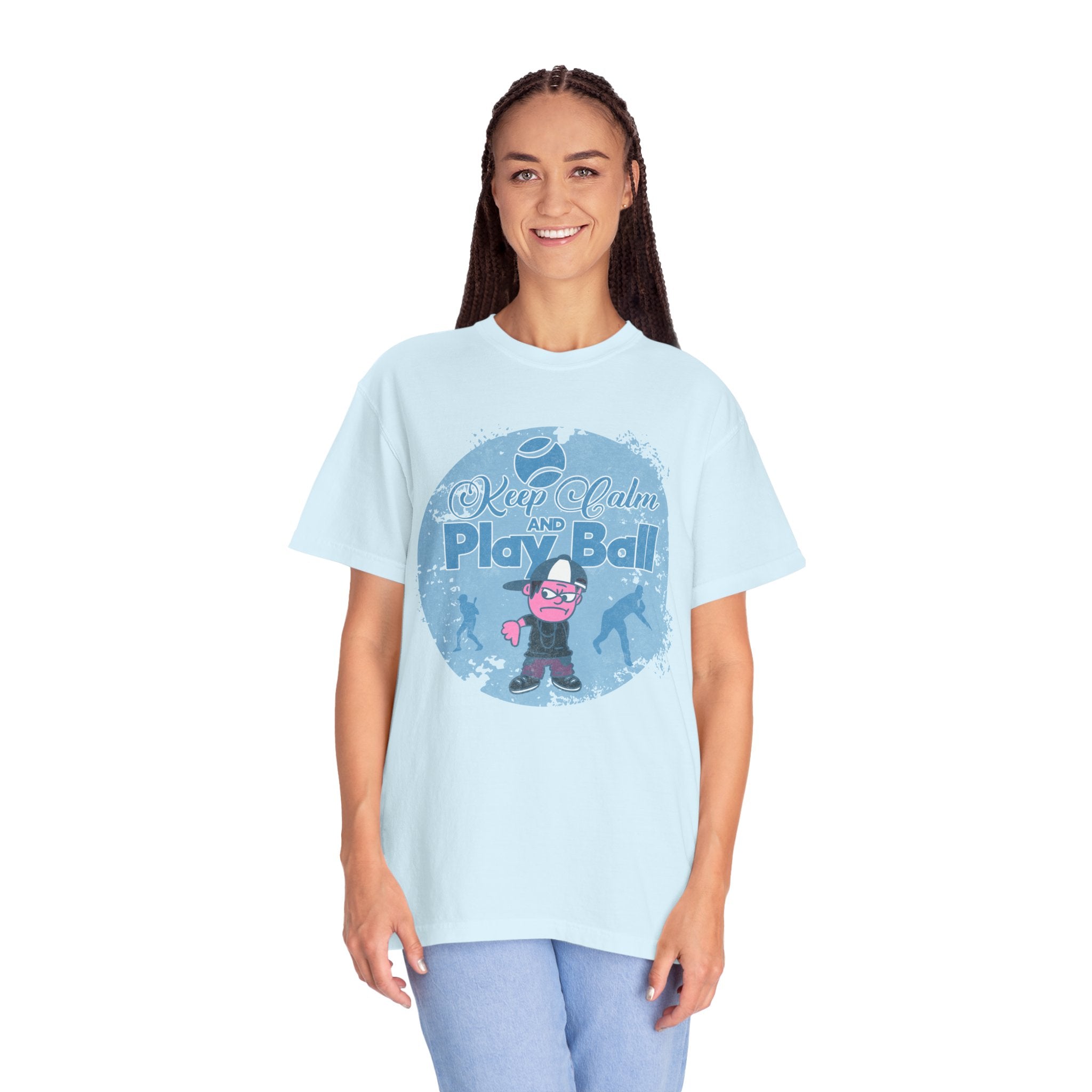 Textured Keep Calm and Play Ball Baseball T-Shirt — Cute Mascot Sports Tee for Kids & Fans
