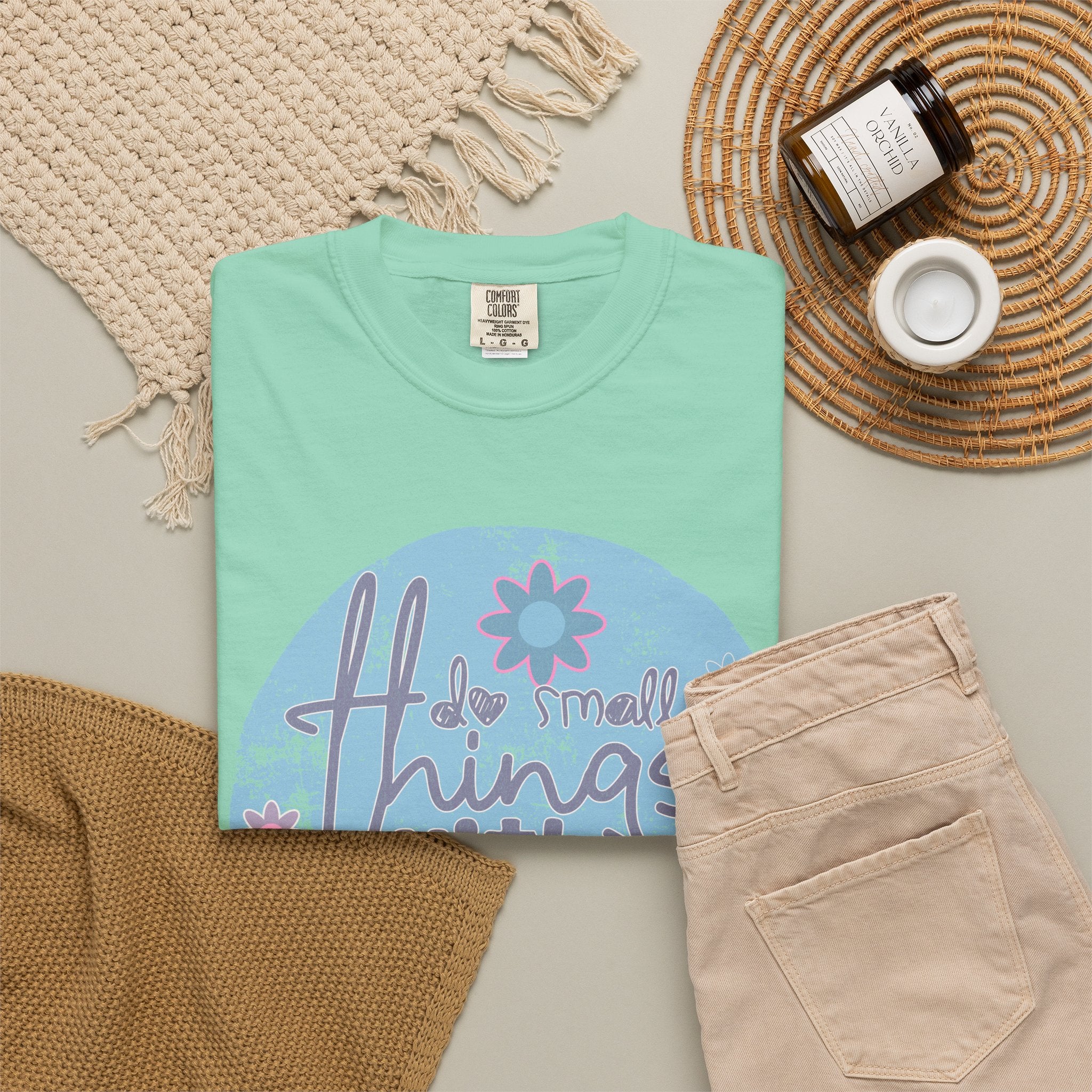Textured Inspirational Graphic T-Shirt — "Do Small Things With Great Love" Floral Design