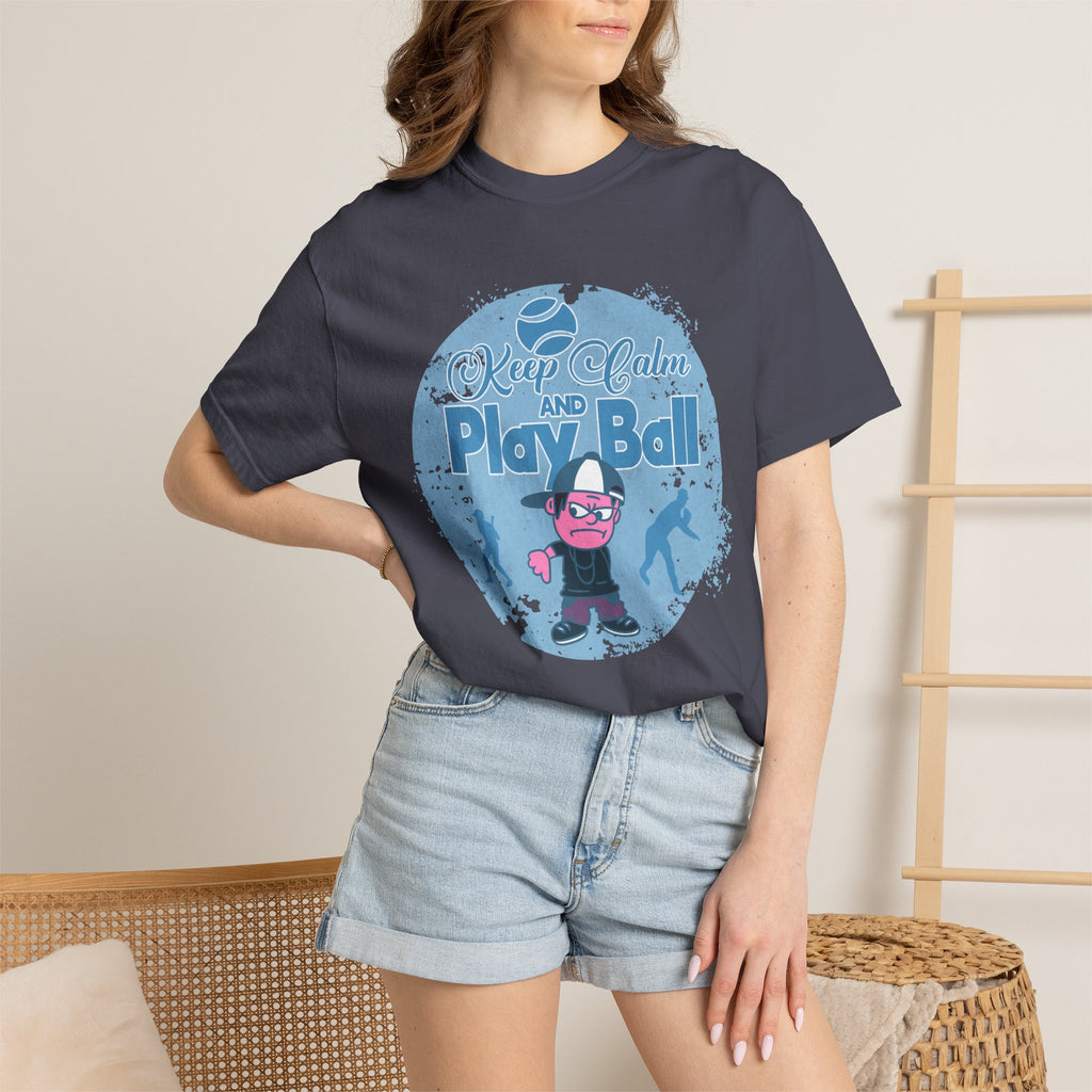 Textured Keep Calm and Play Ball Baseball T-Shirt — Cute Mascot Sports Tee for Kids & Fans