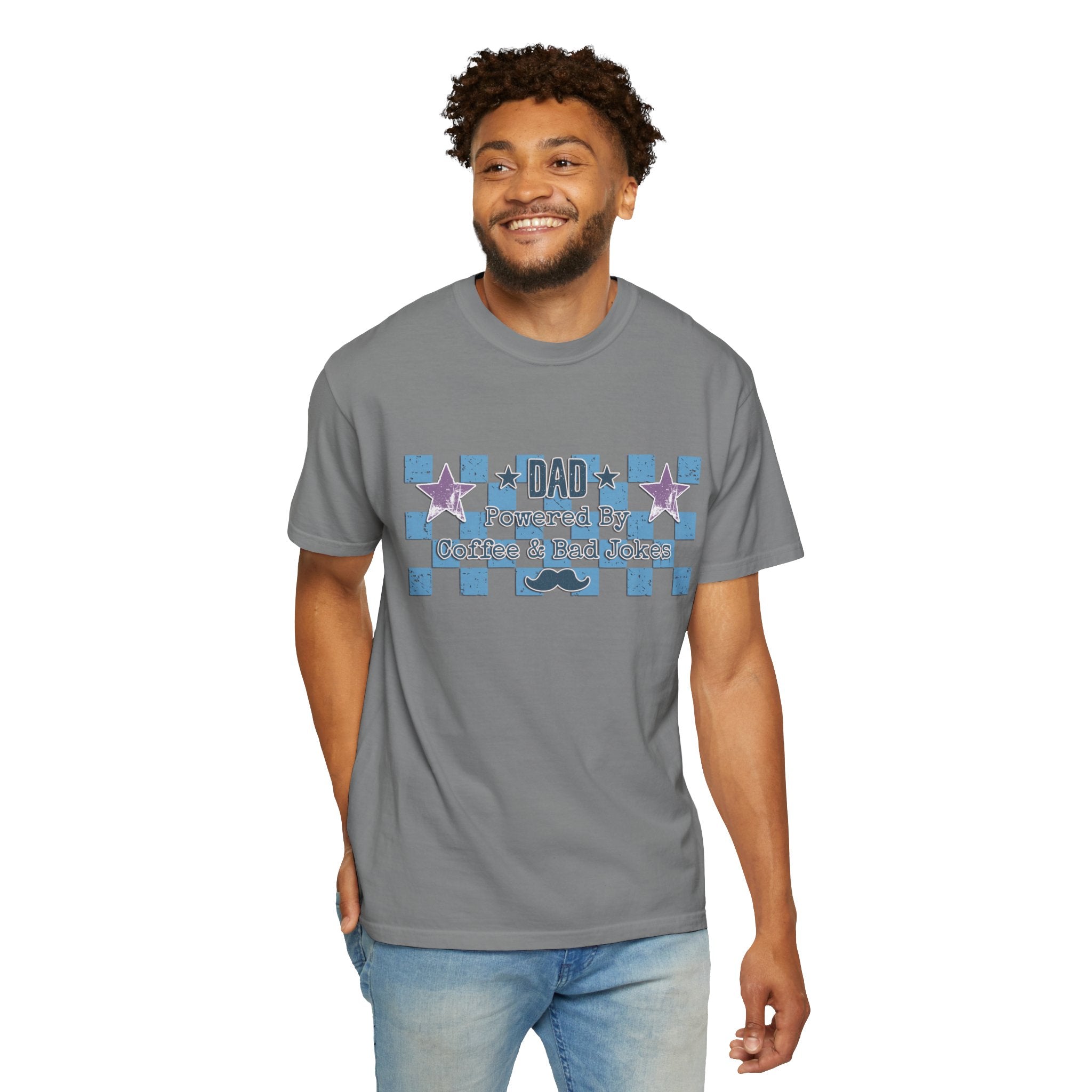 Textured Dad Powered By Coffee & Chaos T-Shirt — Retro Checkered Father's Day Tee