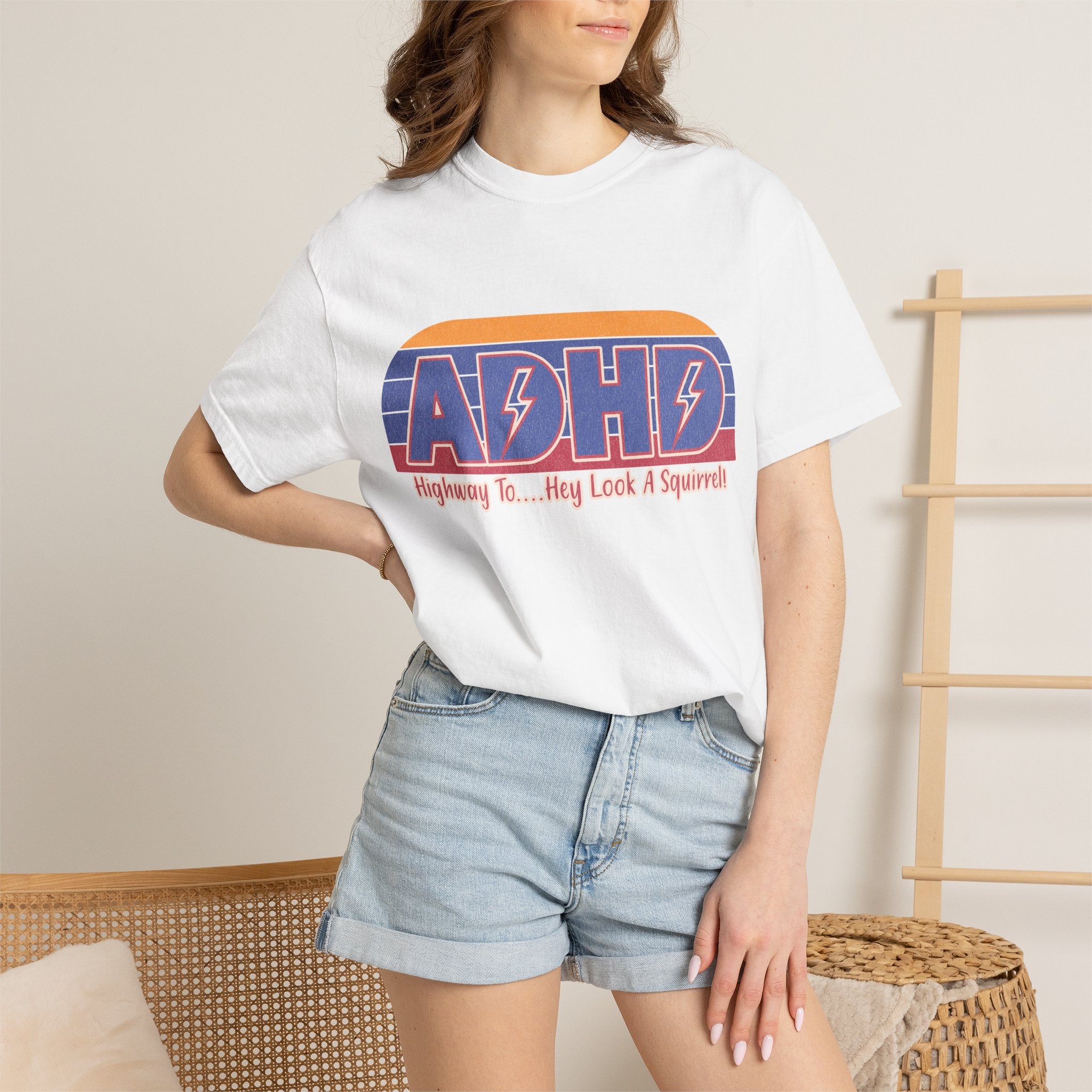ADHD Retro Stripe T-Shirt — "Highway To... Hey Look A Squirrel" Graphic Tee