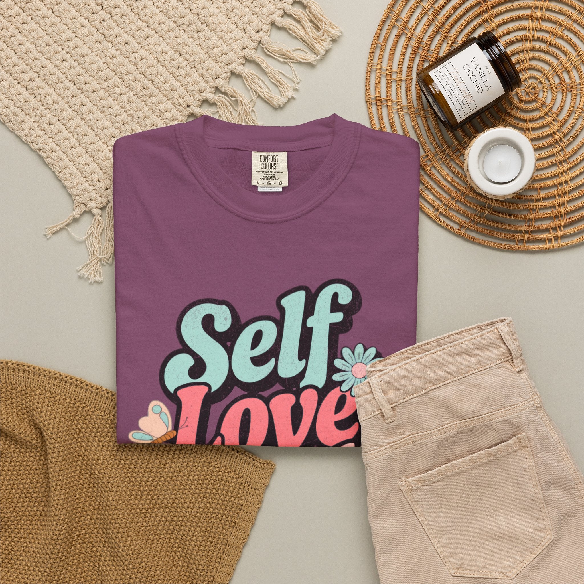 Self Love Club T-shirt | Textured Retro Floral Typography, Pastel 70s Vibe