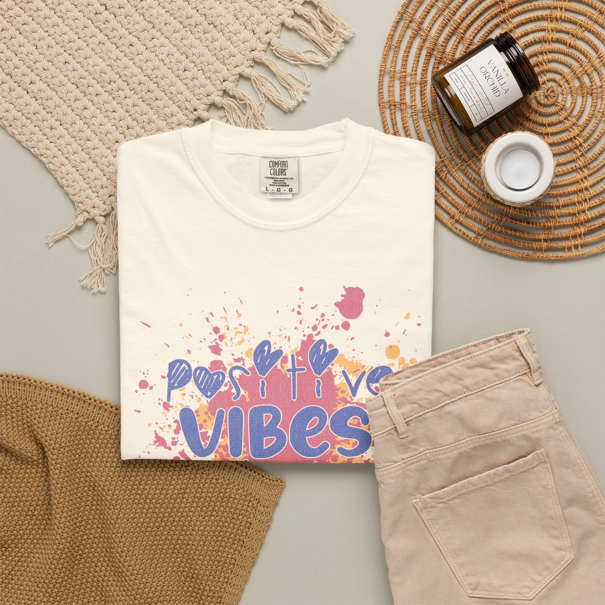 Positive Vibes T-Shirt — Colorful Splatter Typography Tee