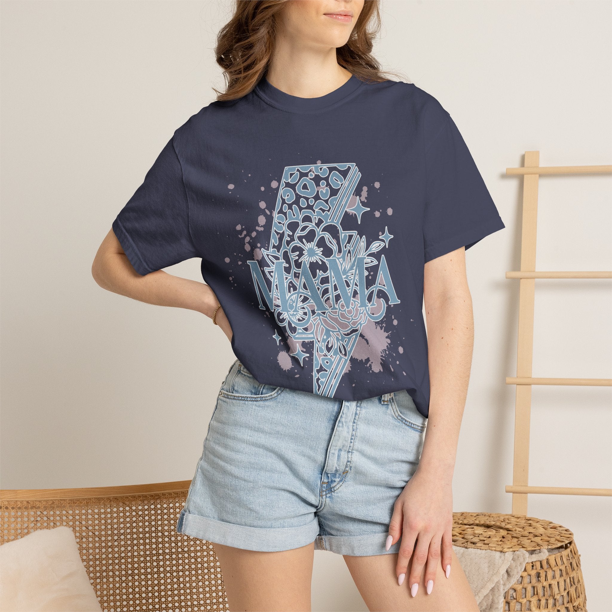 Mama Lightning Bolt Textured Graphic Tee — Floral Leopard Rocker Mom T-Shirt