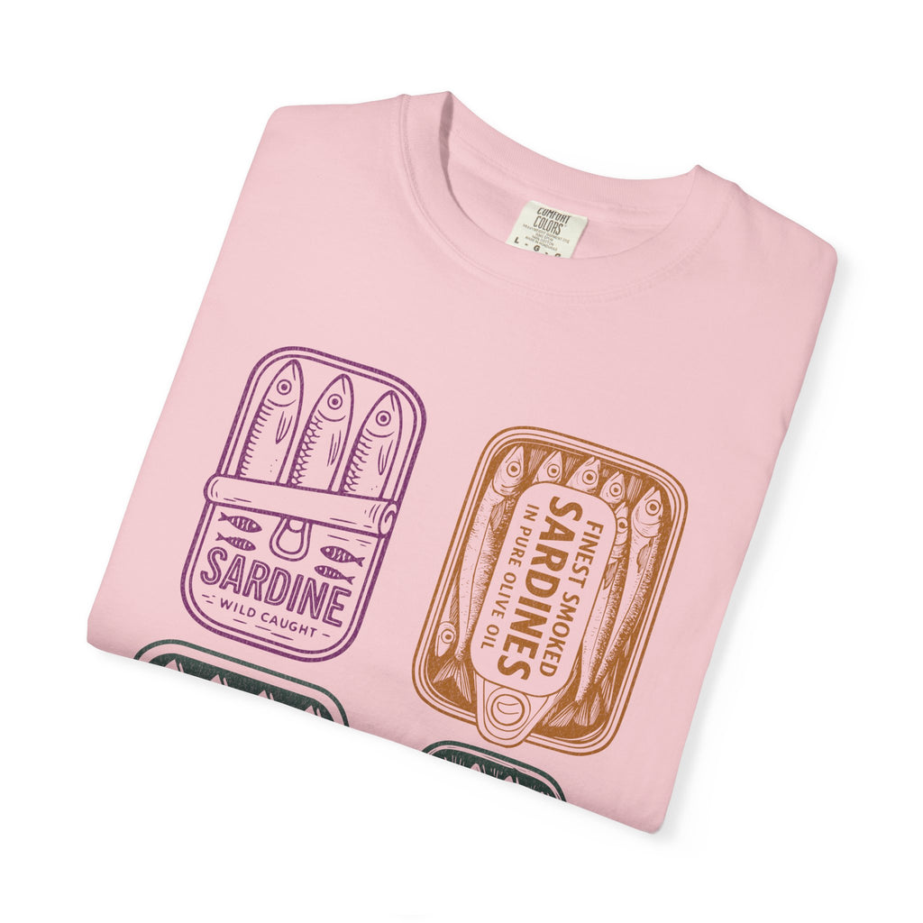 Sardine Tin Graphic Textured T-Shirt — Vintage Seafood Illustration Tee