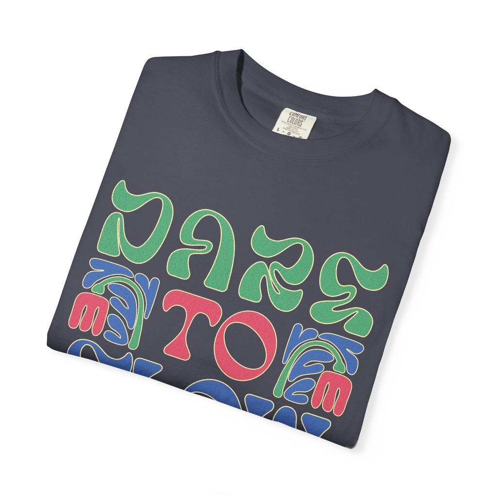 Dare To Flow T-Shirt | Textured Retro Groovy Typography, Colorful Wave Design