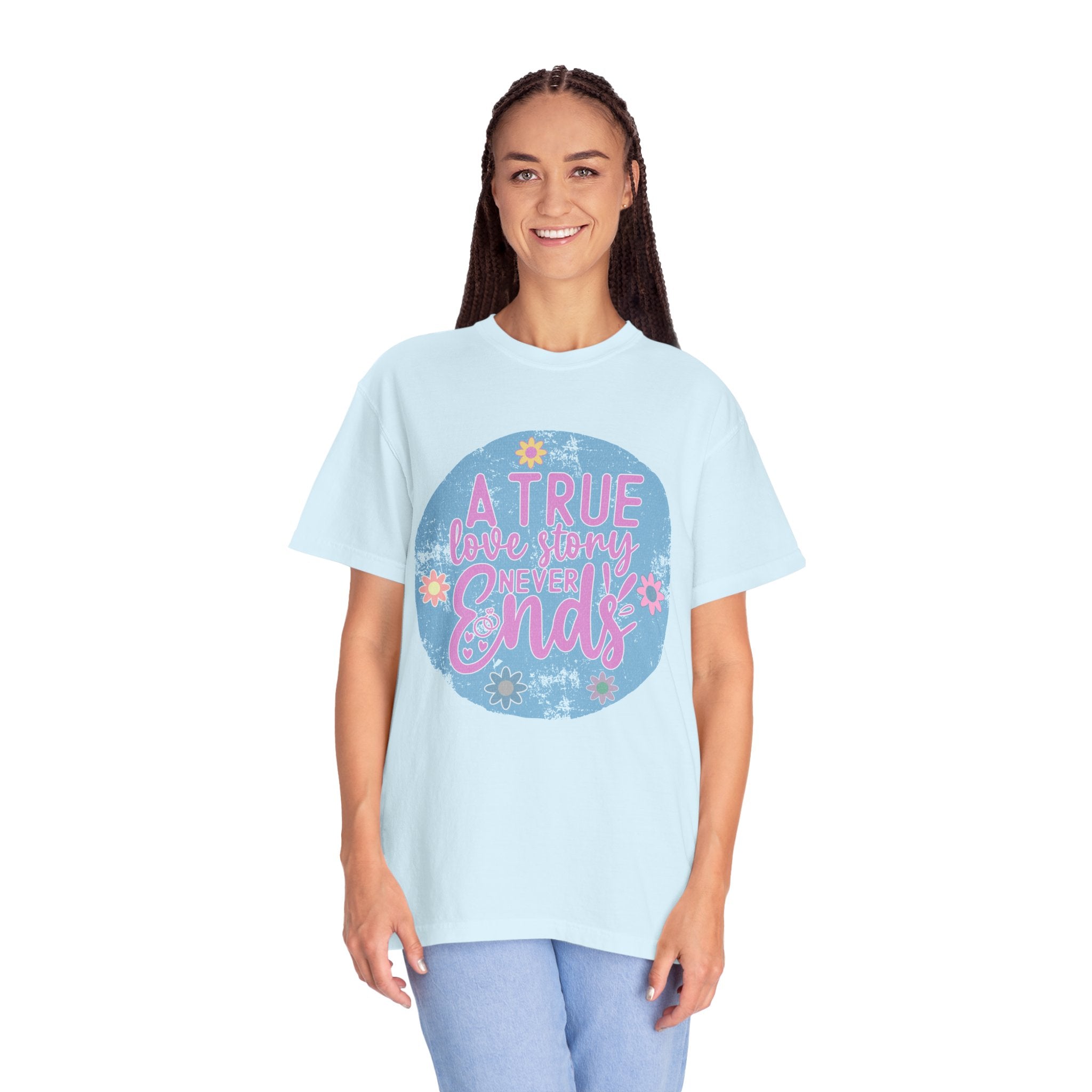 Textured T-Shirt — "A True Love Story Never Ends" Floral Graphic