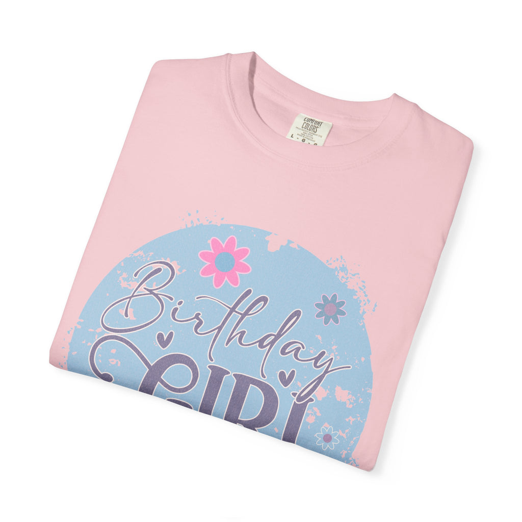 Birthday Girl Textured T-Shirt — Floral Blue Circle Graphic