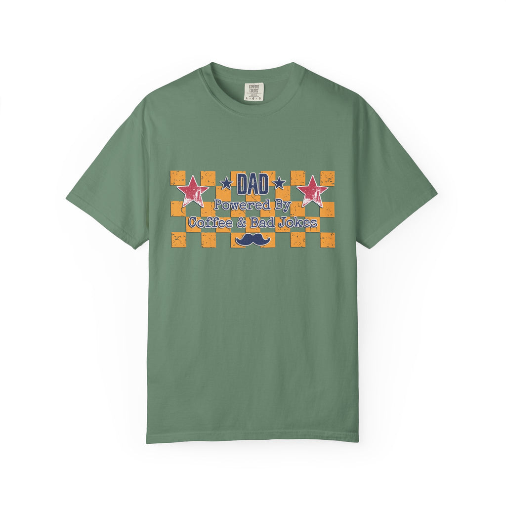 Dad Textured T-Shirt — "Powered by Coffee & Bad Jokes" Retro Checker Fathers Day Tee