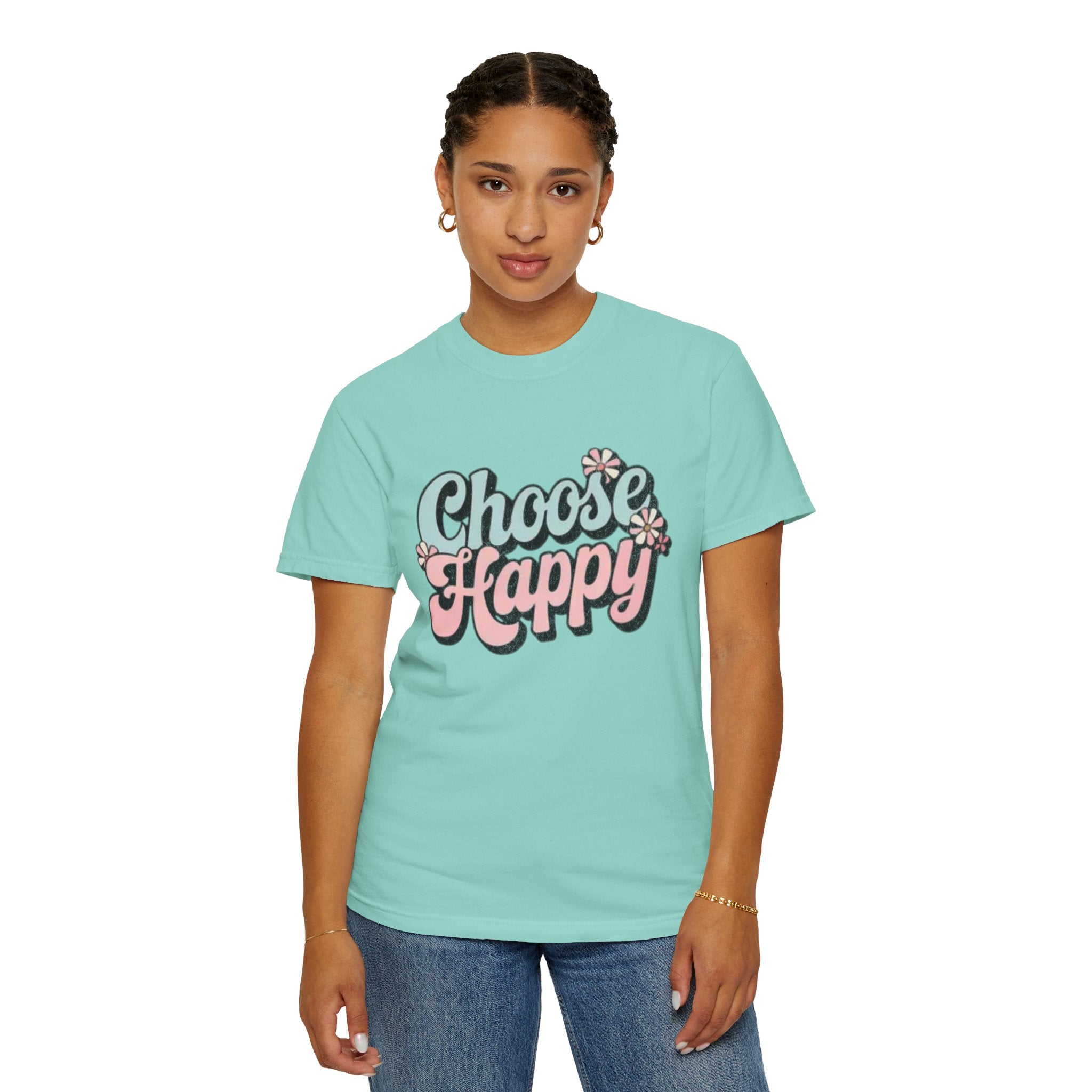 Choose Happy retro script shirt | Textured Positive message tee, pastel floral design