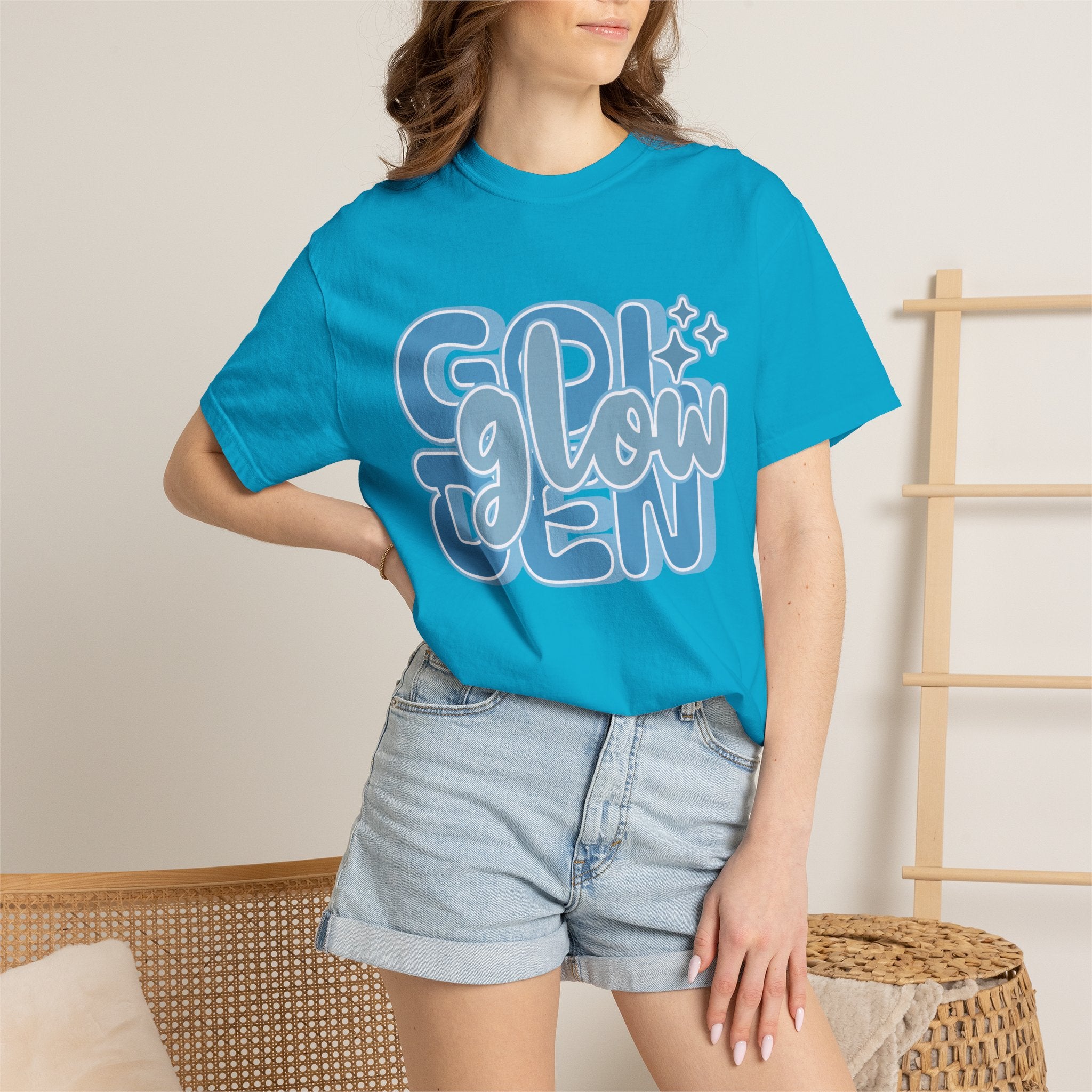 Golden Glow Textured  T‑Shirt — Retro Blue Script Graphic Tee