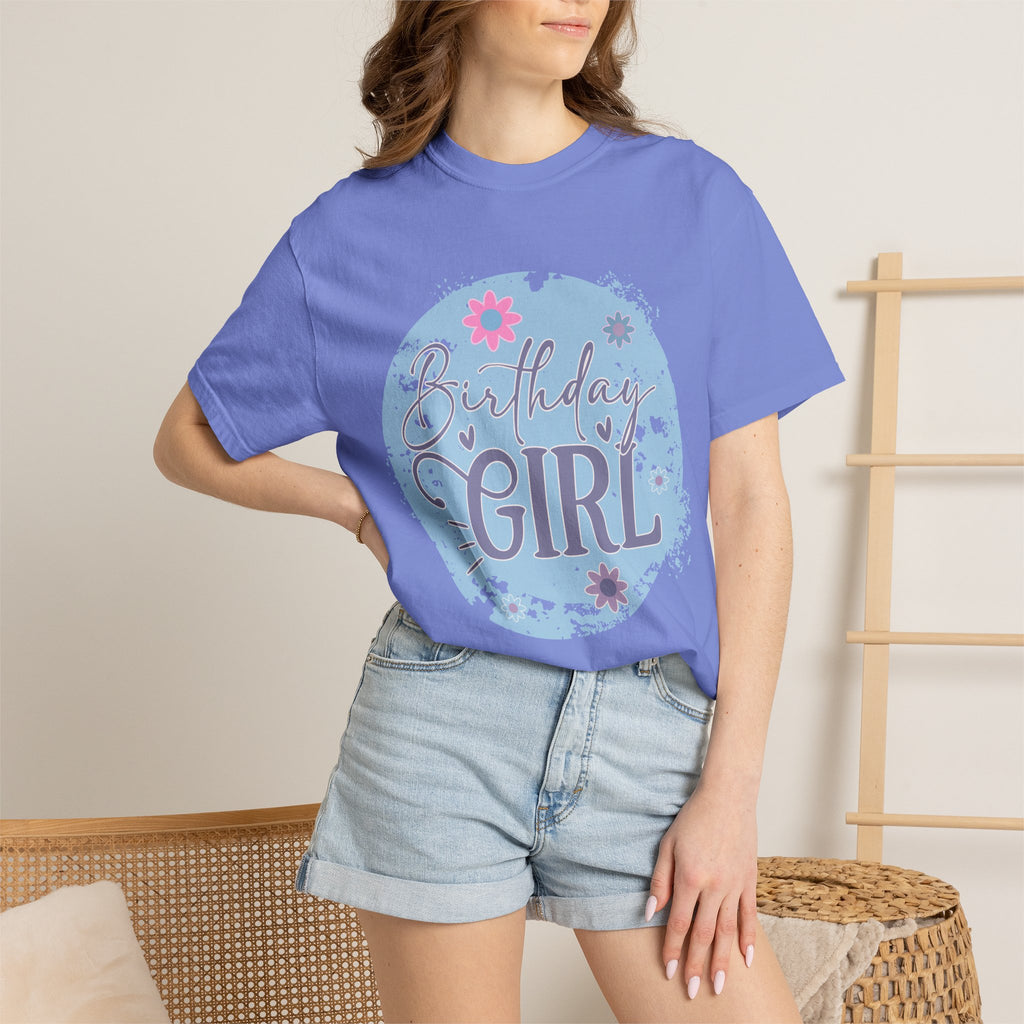 Birthday Girl Textured T-Shirt — Floral Blue Circle Graphic