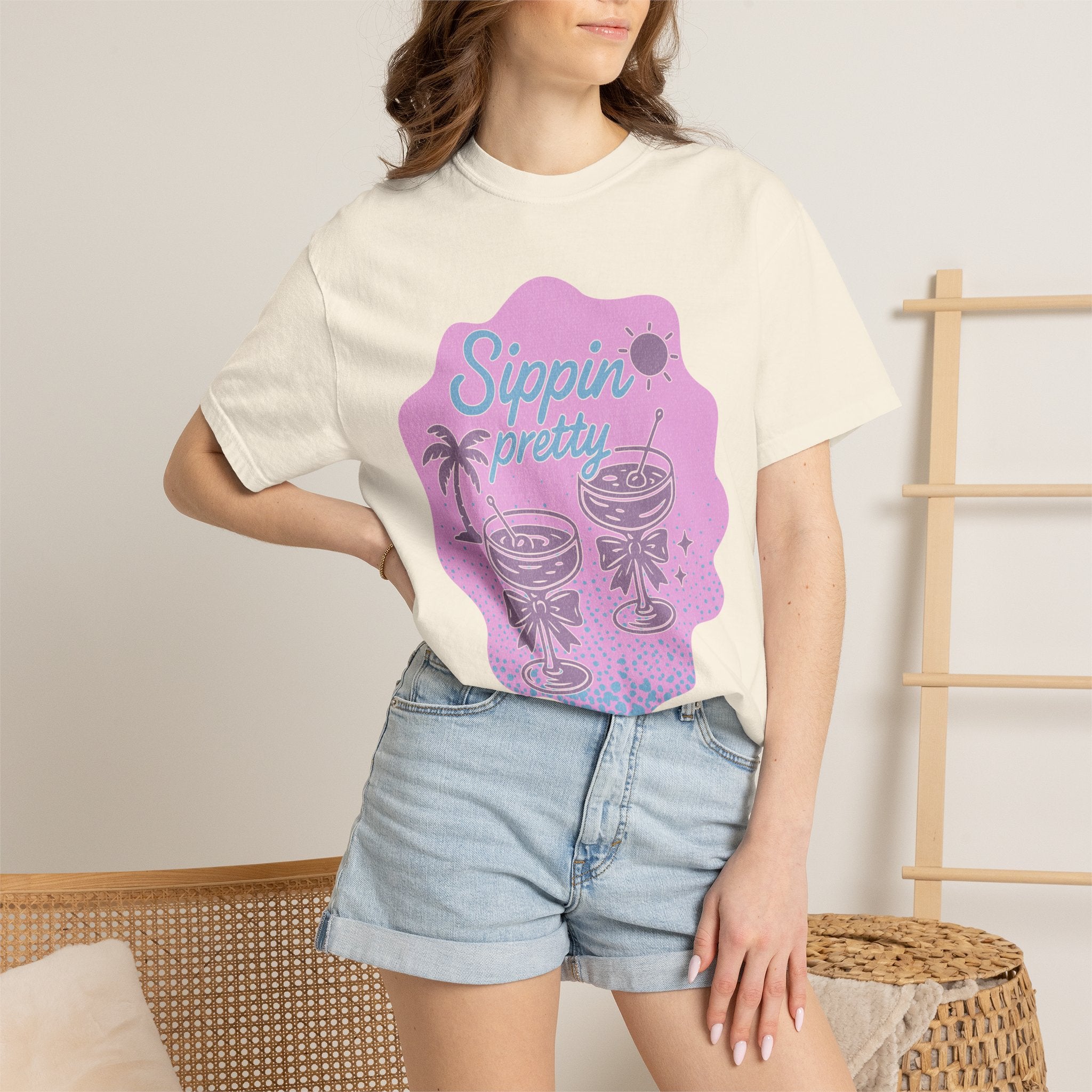 T-Shirt — "Sippin' Pretty" Tropical Cocktail Textured Graphic Tee