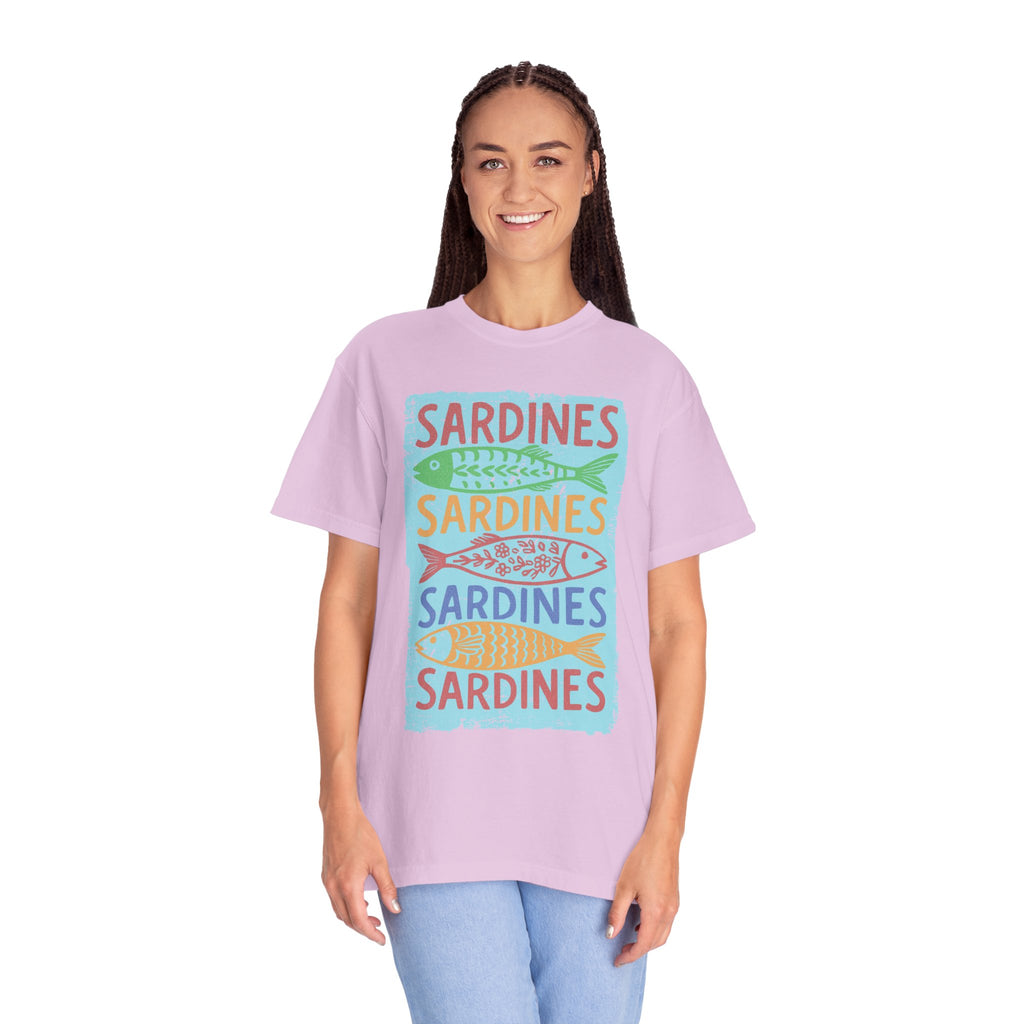 Sardines Colorblock Graphic Textured T-Shirt — Retro Coastal Fish Tee