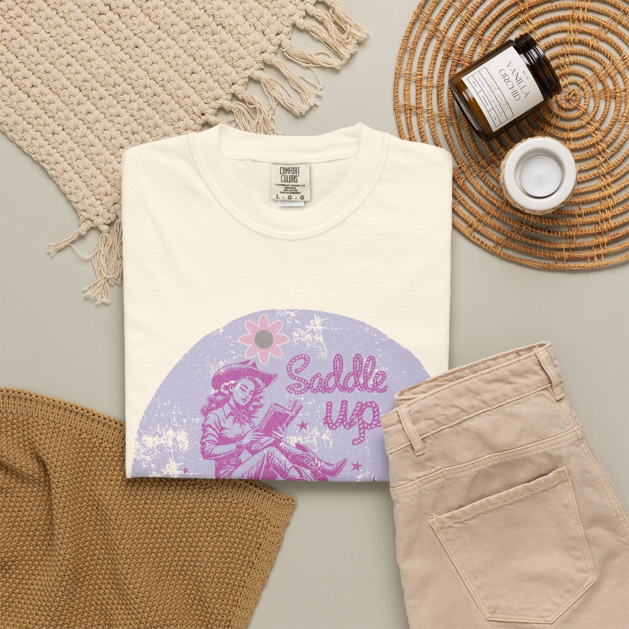 Textured T-Shirt — “Saddle Up Good Book” Retro Western Graphic Tee
