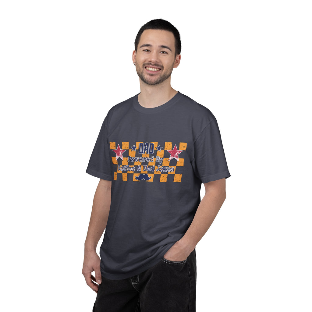 Dad Textured T-Shirt — "Powered by Coffee & Bad Jokes" Retro Checker Fathers Day Tee
