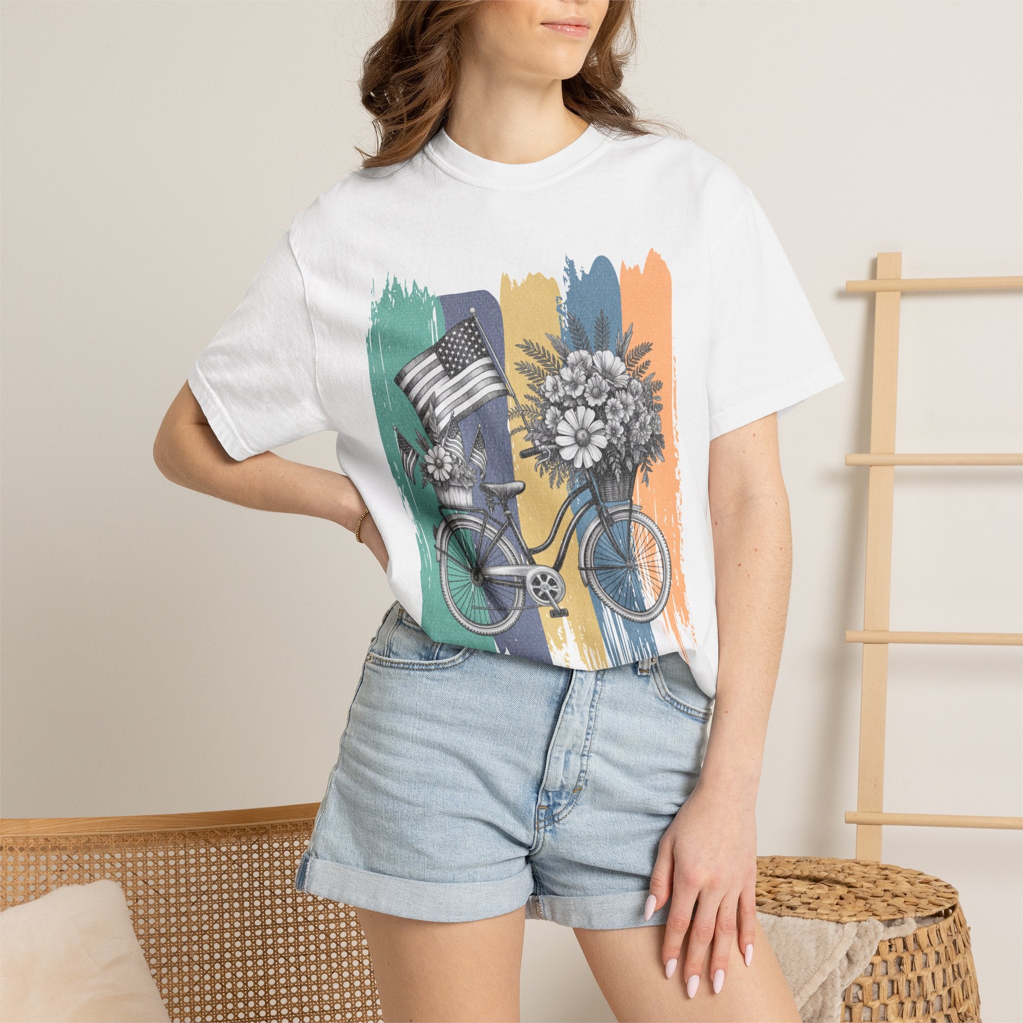 Textured Vintage Bicycle Bouquet T-Shirt — Americana Floral Bike Tee