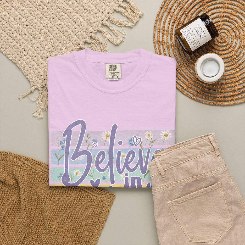 Textured Believe in Yourself T‑Shirt — Pastel Stripes Inspirational Tee