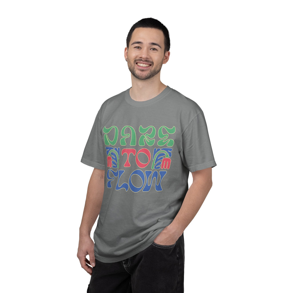 Dare To Flow T-Shirt | Textured Retro Groovy Typography, Colorful Wave Design