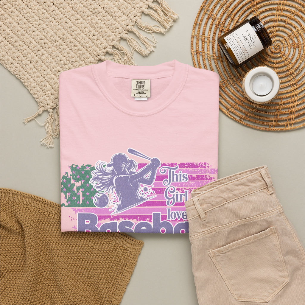 Girls Love Baseball Textured T-Shirt — Feminine Retro Baseball Tee