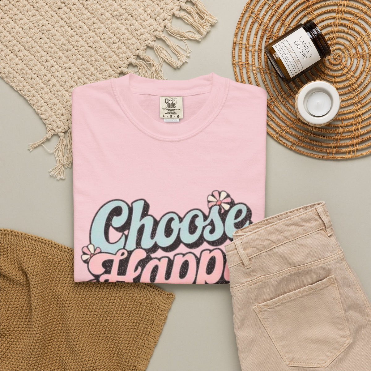Choose Happy retro script shirt | Textured Positive message tee, pastel floral design