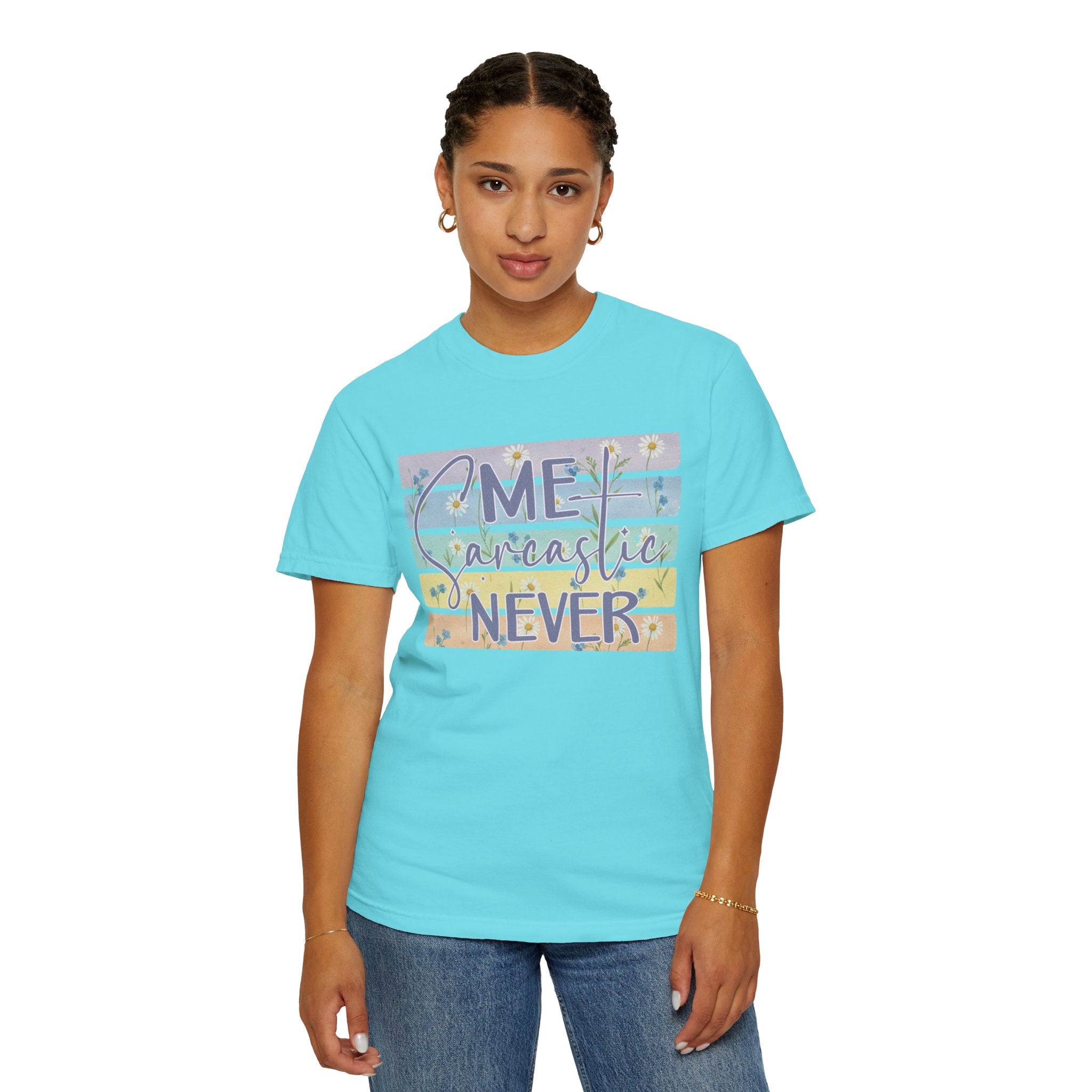 Textured Sarcastic Never T-Shirt — Pastel Striped 'Me? Sarcastic? Never' Graphic Tee