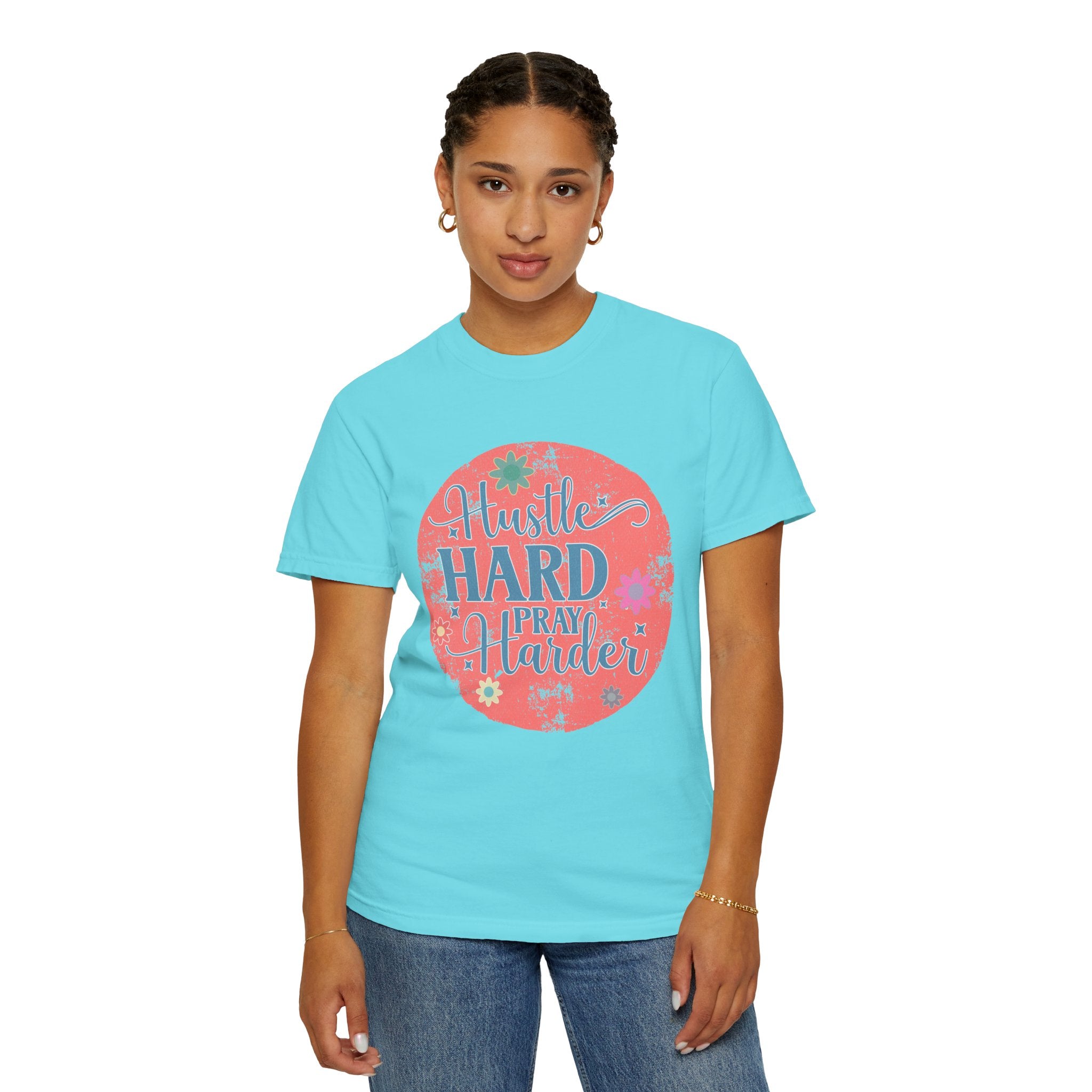 Textured Hustle Hard Pray Harder Tee — Inspirational Floral Graphic T-Shirt