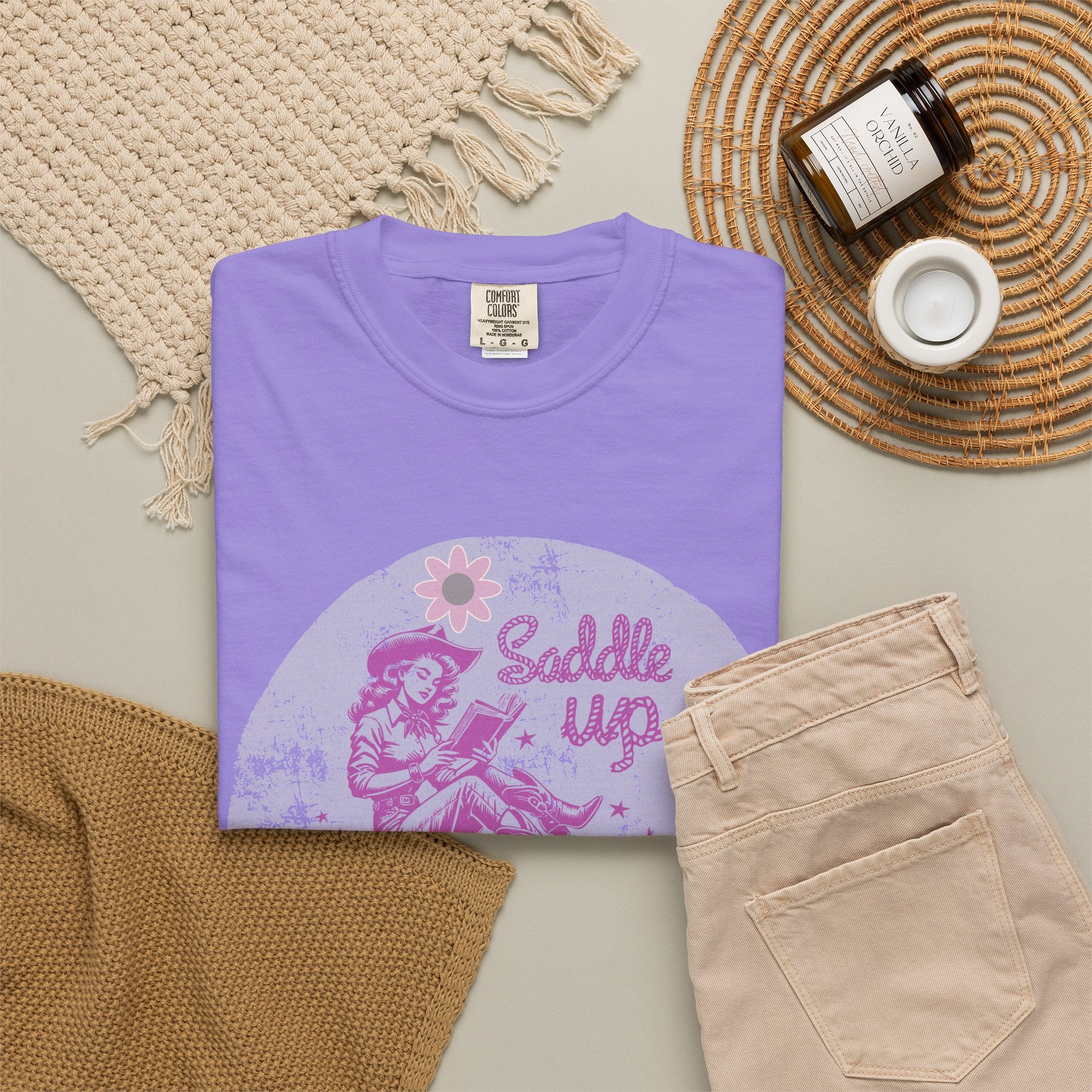 Textured T-Shirt — “Saddle Up Good Book” Retro Western Graphic Tee