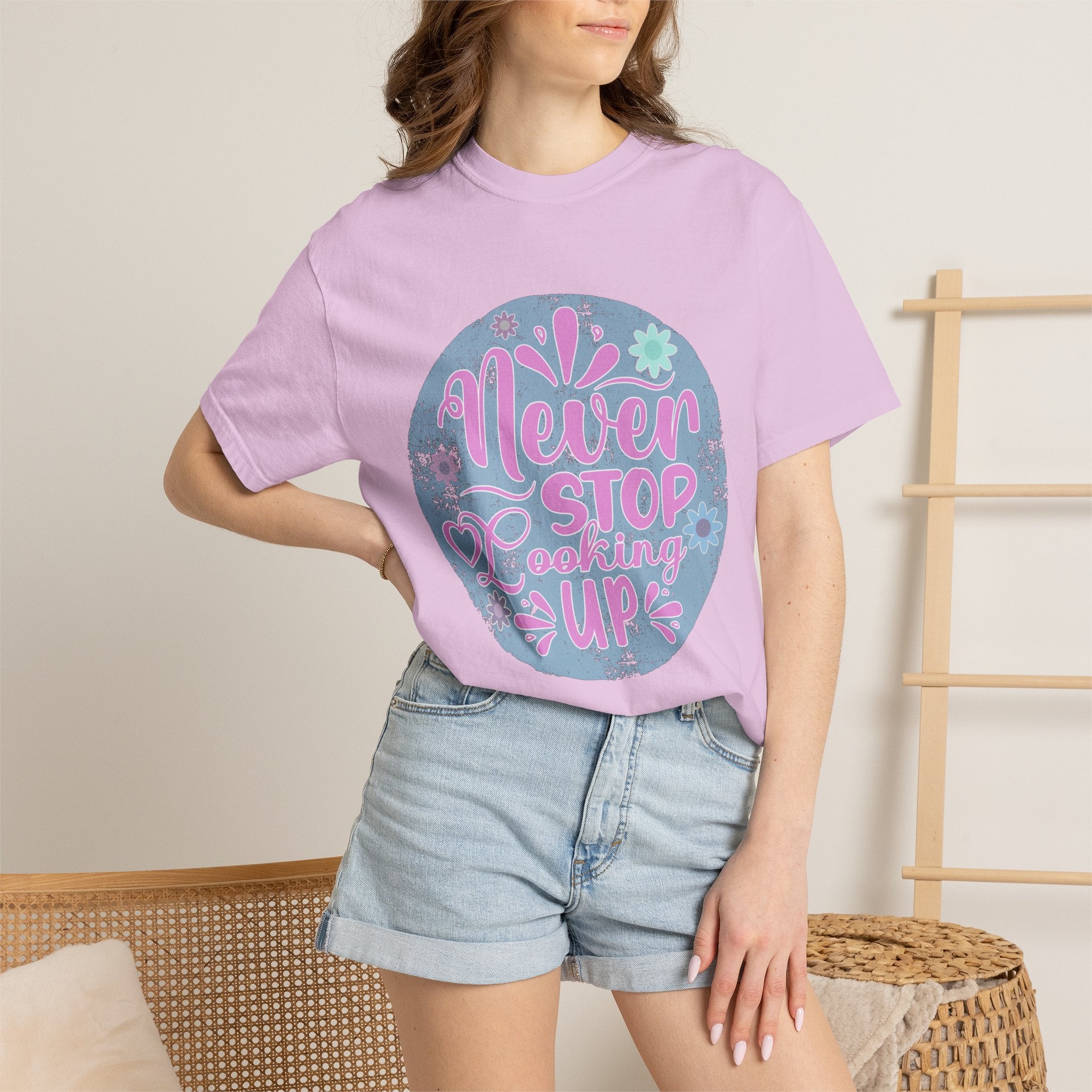 Textured T-Shirt — "Never Stop Looking Up" Inspirational Graphic Tee
