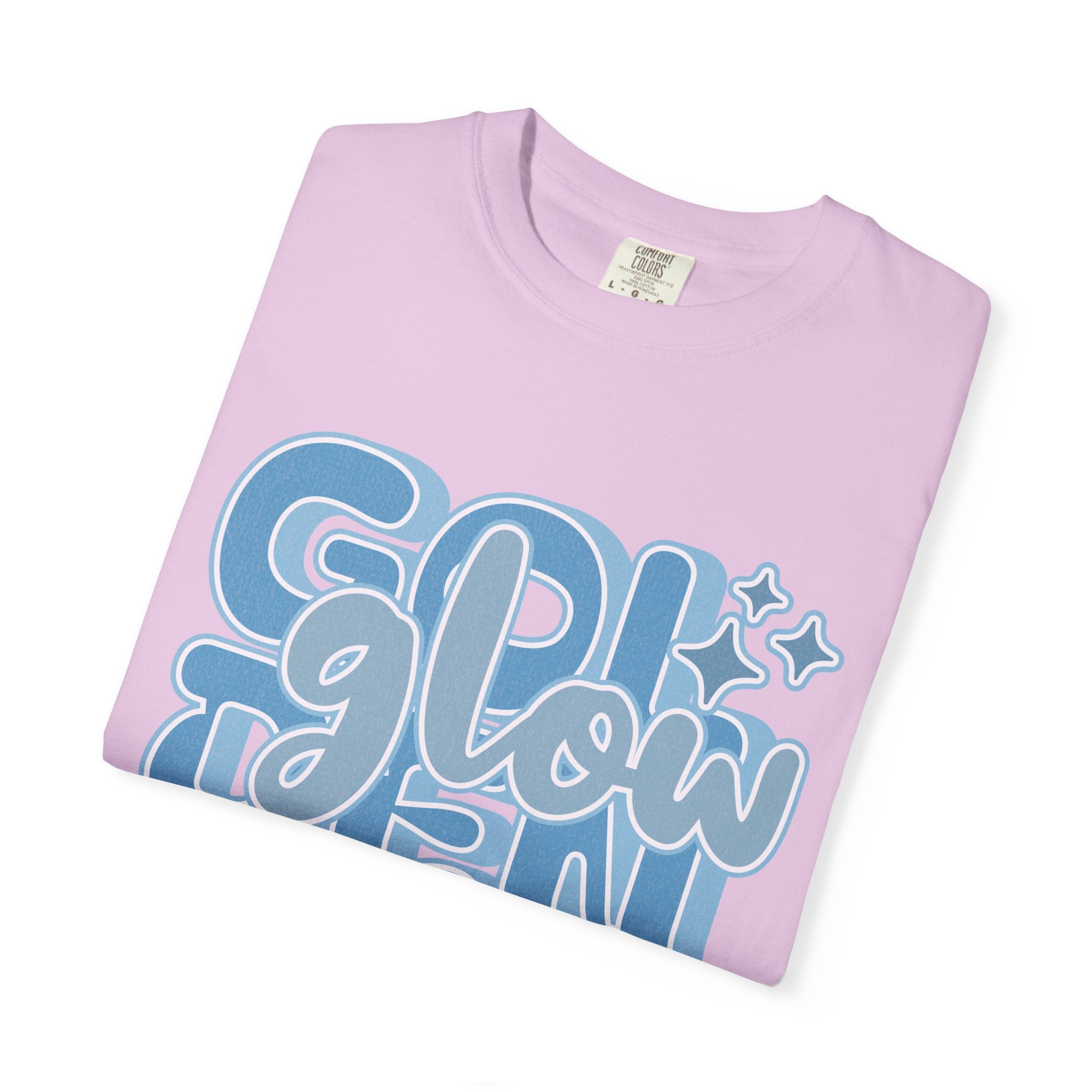 Golden Glow Textured  T‑Shirt — Retro Blue Script Graphic Tee