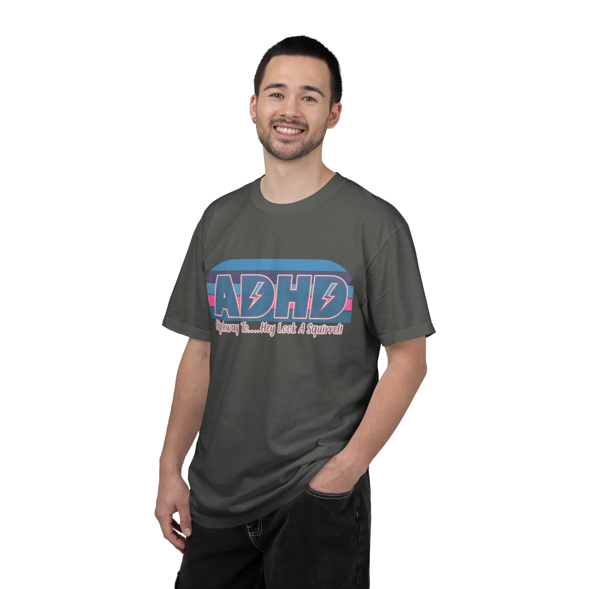 ADHD Retro Stripe T-Shirt — “Highway To… Hey Look A Squirrel!” Funny Neurodivergent Tee