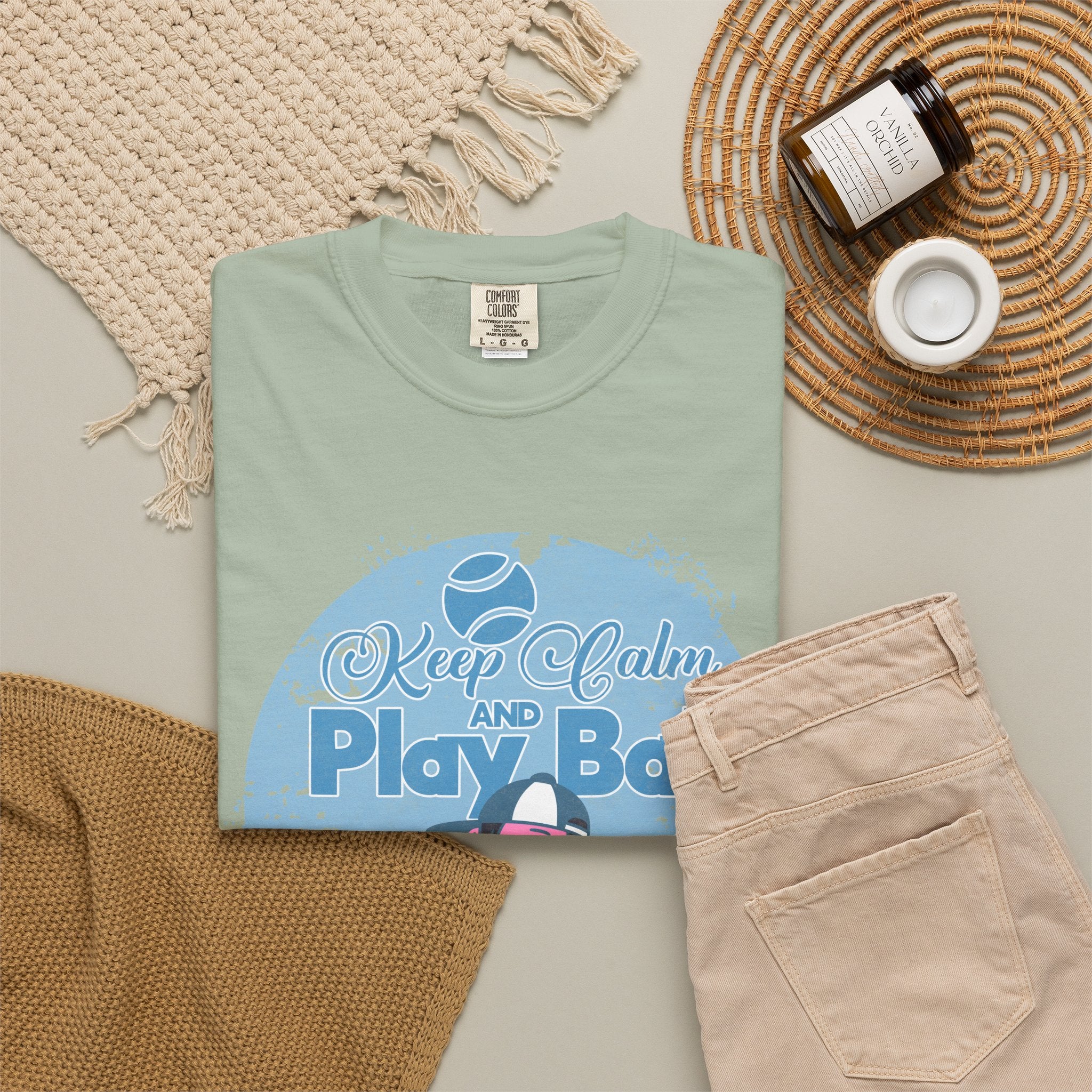 Textured Keep Calm and Play Ball Baseball T-Shirt — Cute Mascot Sports Tee for Kids & Fans
