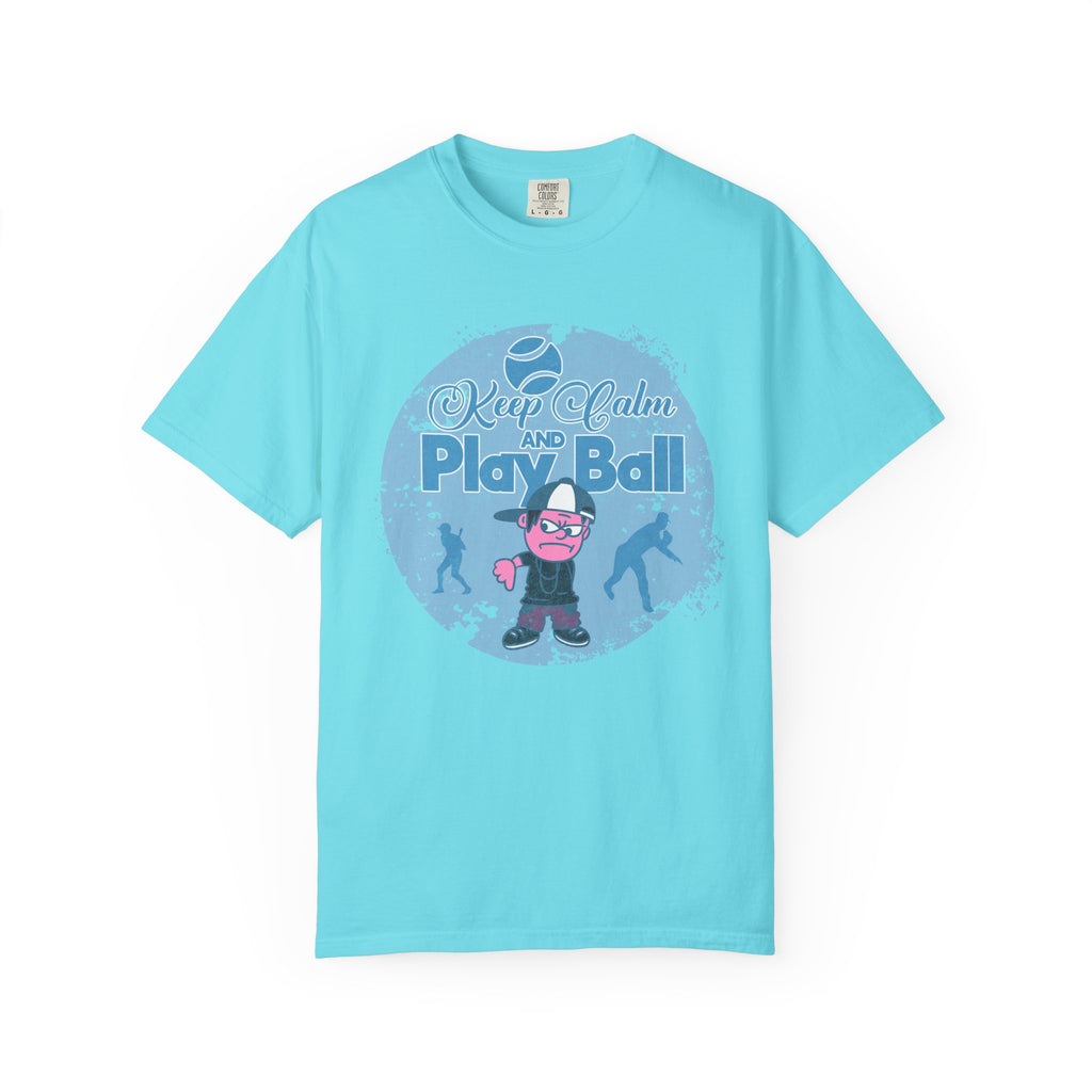 Textured Keep Calm and Play Ball Baseball T-Shirt — Cute Mascot Sports Tee for Kids & Fans