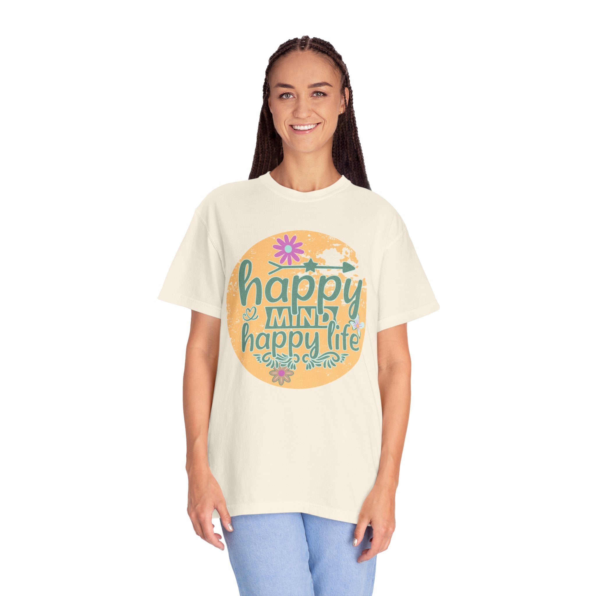 Happy Mind Happy Life Textured T-Shirt — Positive Vibes Floral Graphic Tee