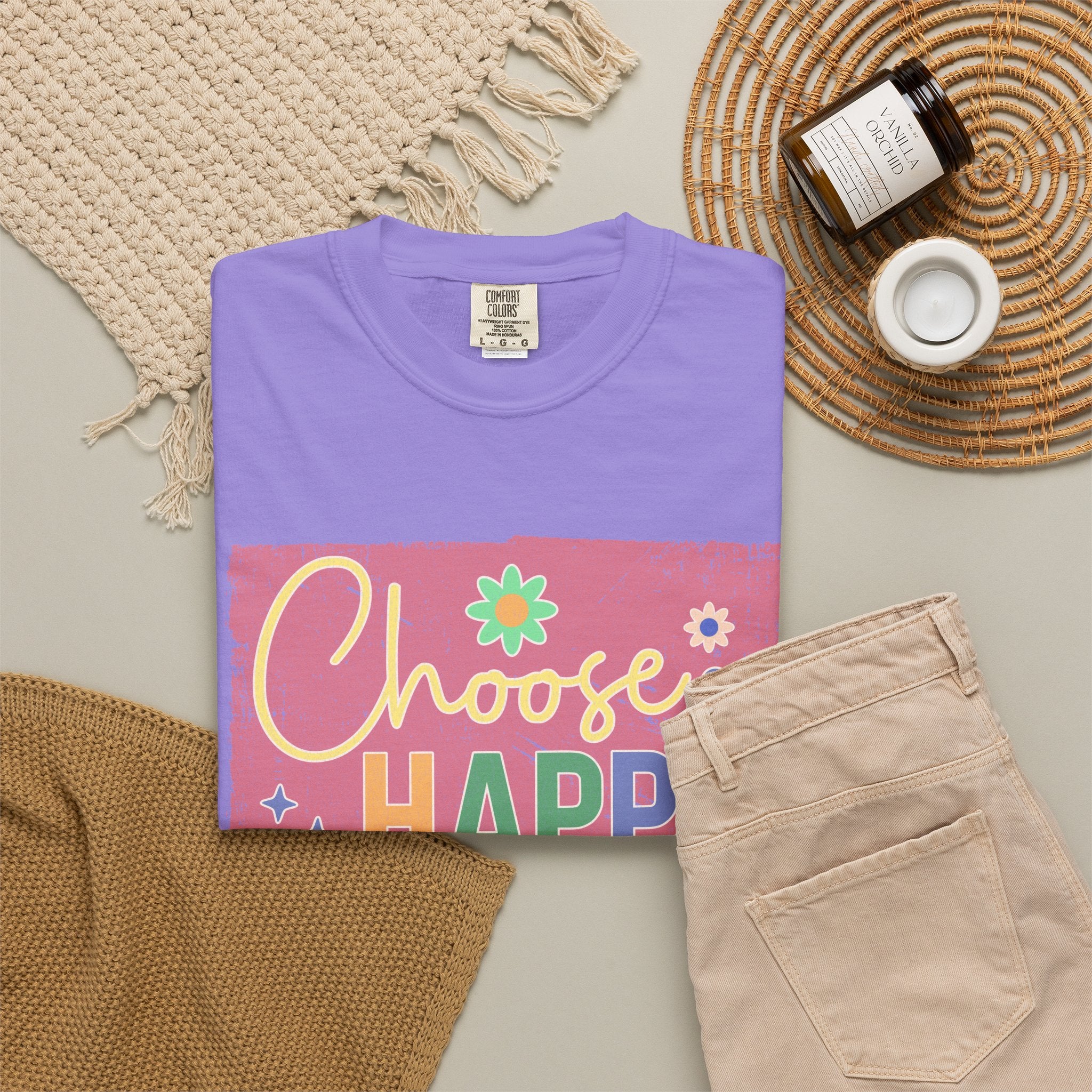 Choose Happy Textured T-Shirt – Retro Floral Positive Vibes Tee