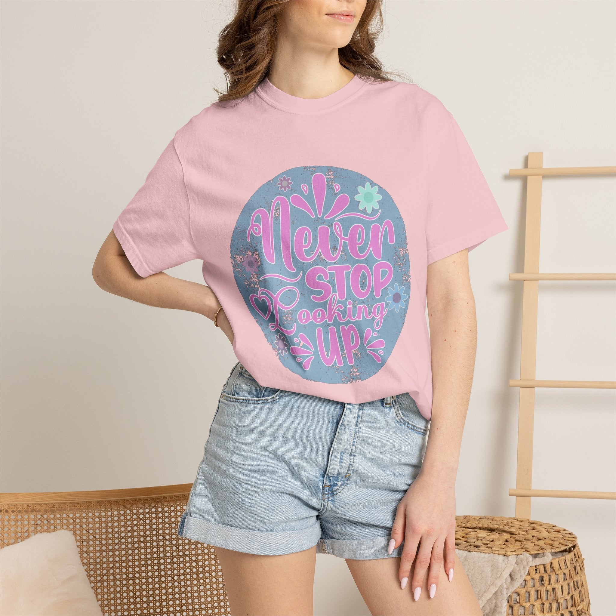 Textured T-Shirt — "Never Stop Looking Up" Inspirational Graphic Tee