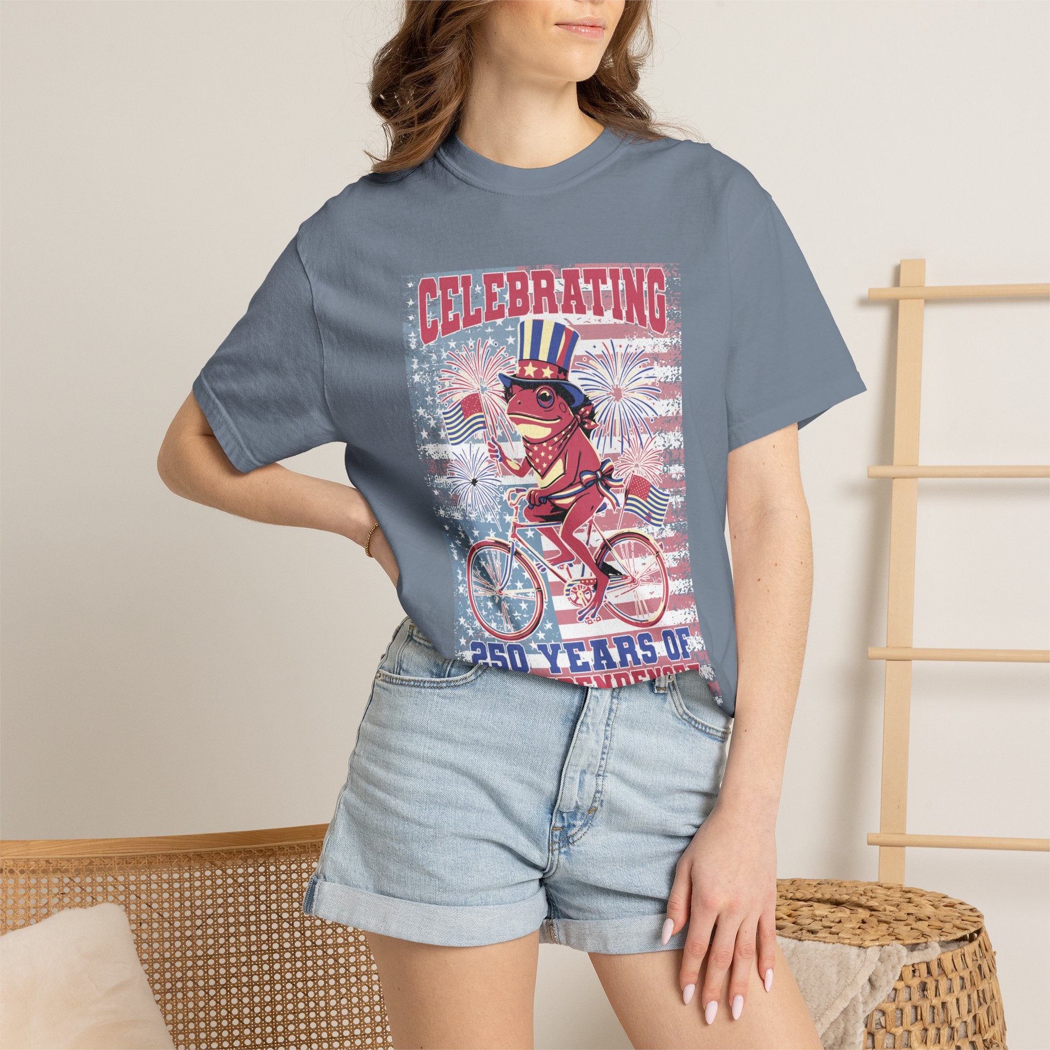 Textured Independence Day Dog on Bike T-Shirt — "Celebrating 250 Years of Independence" Patriotic Tee